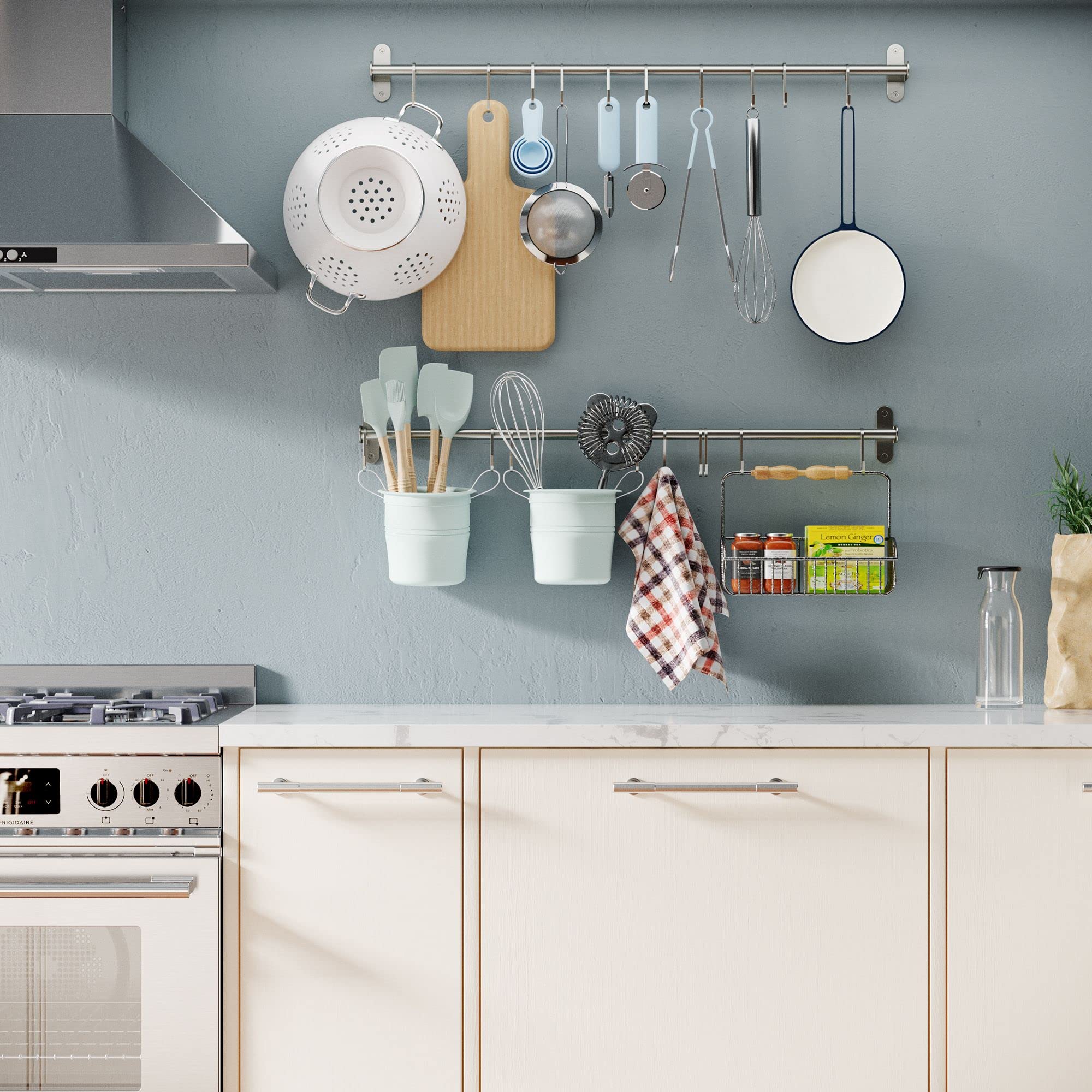 Wallniture Lyon 31.5'' Wall Mount Kitchen Utensil Holder With 10 S Hooks For Hanging Pots And Pans Set Of 2