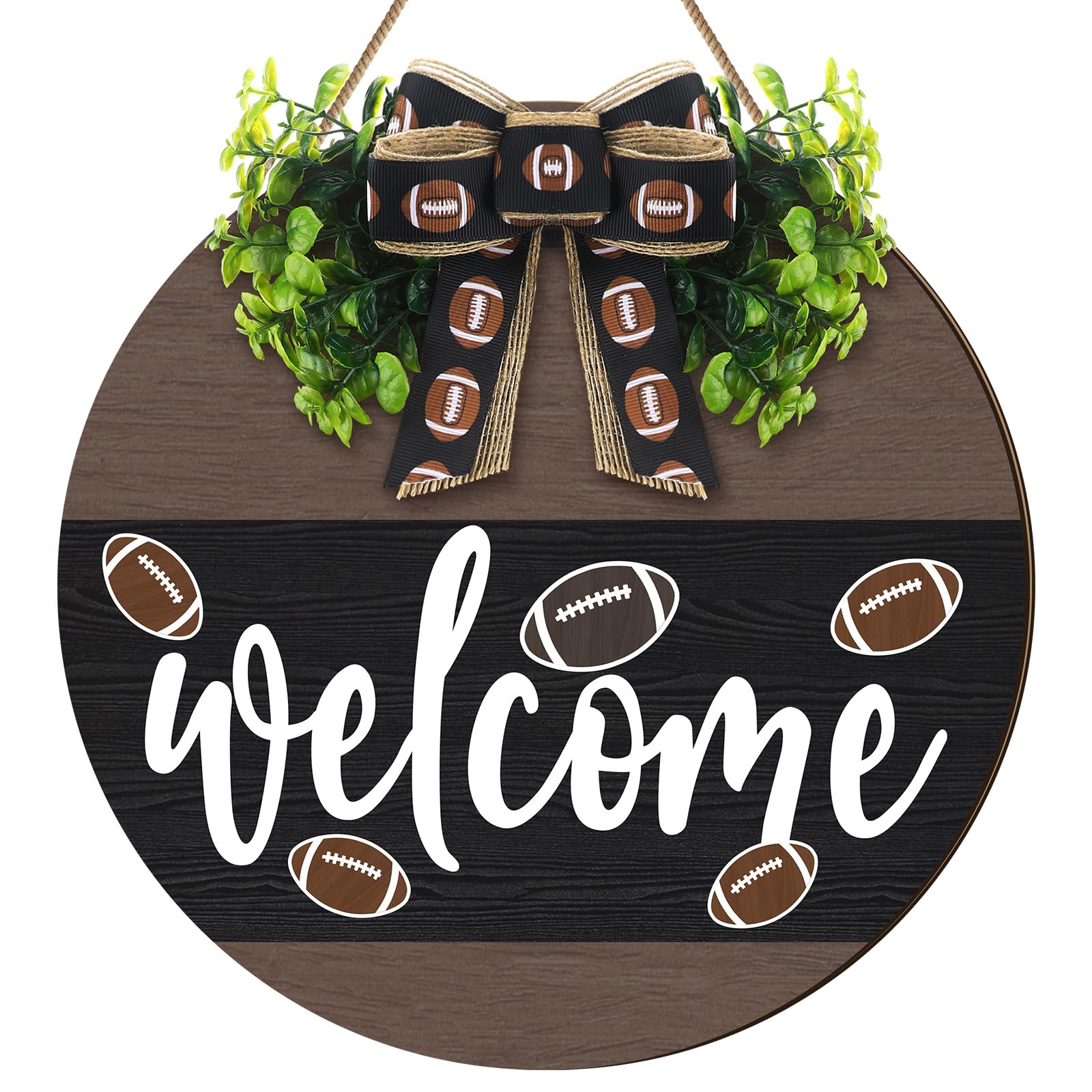 Moucuny Football Wreath for Front Door Football Wooden Welcome Hanging Sign Wreaths with Bow Farmhouse Wall Decoration for Home 