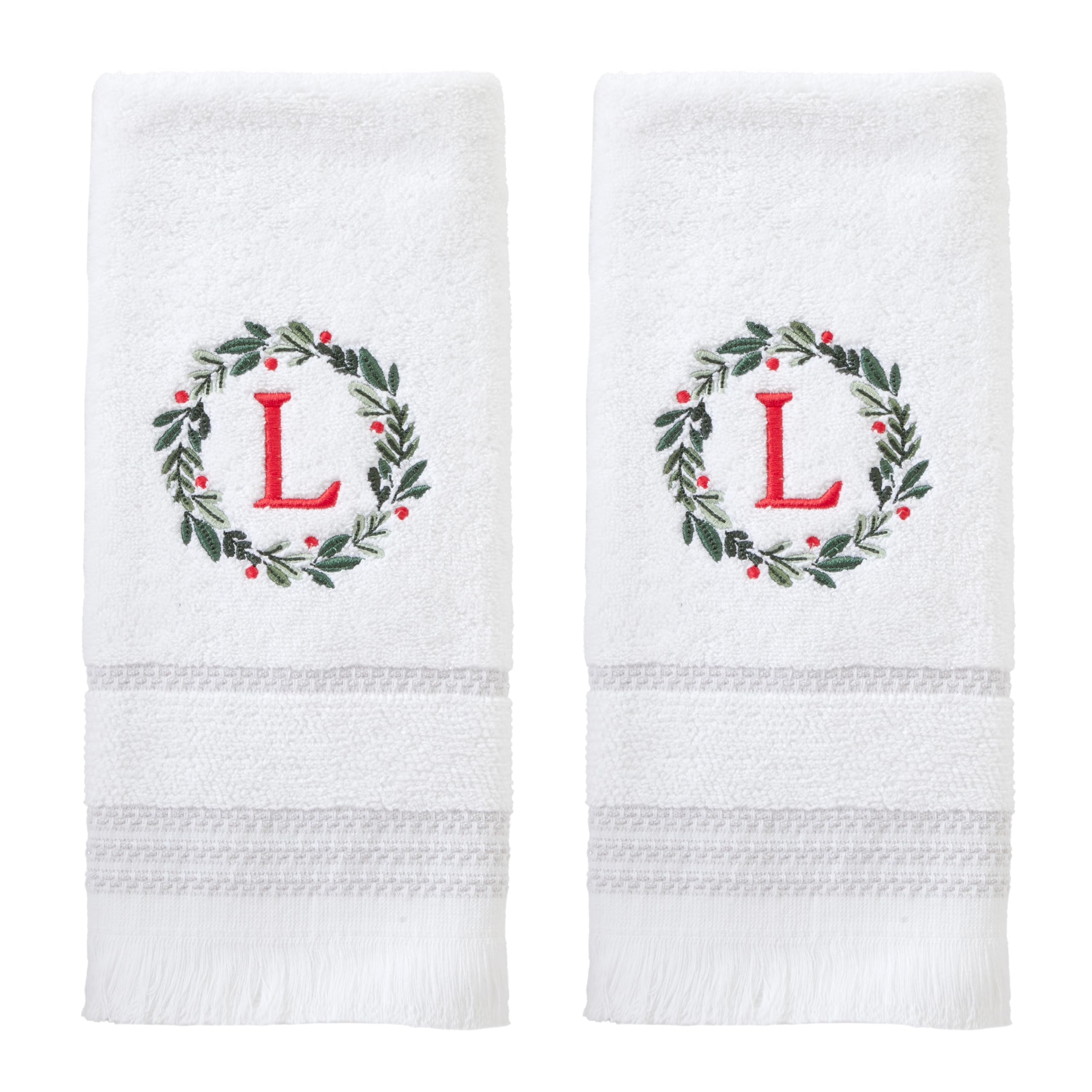 SKL Home Christmas/Winter Wreath Monogram Hand Towel L 2pc Set for Bath/Kitchen/Bar & Gift, White