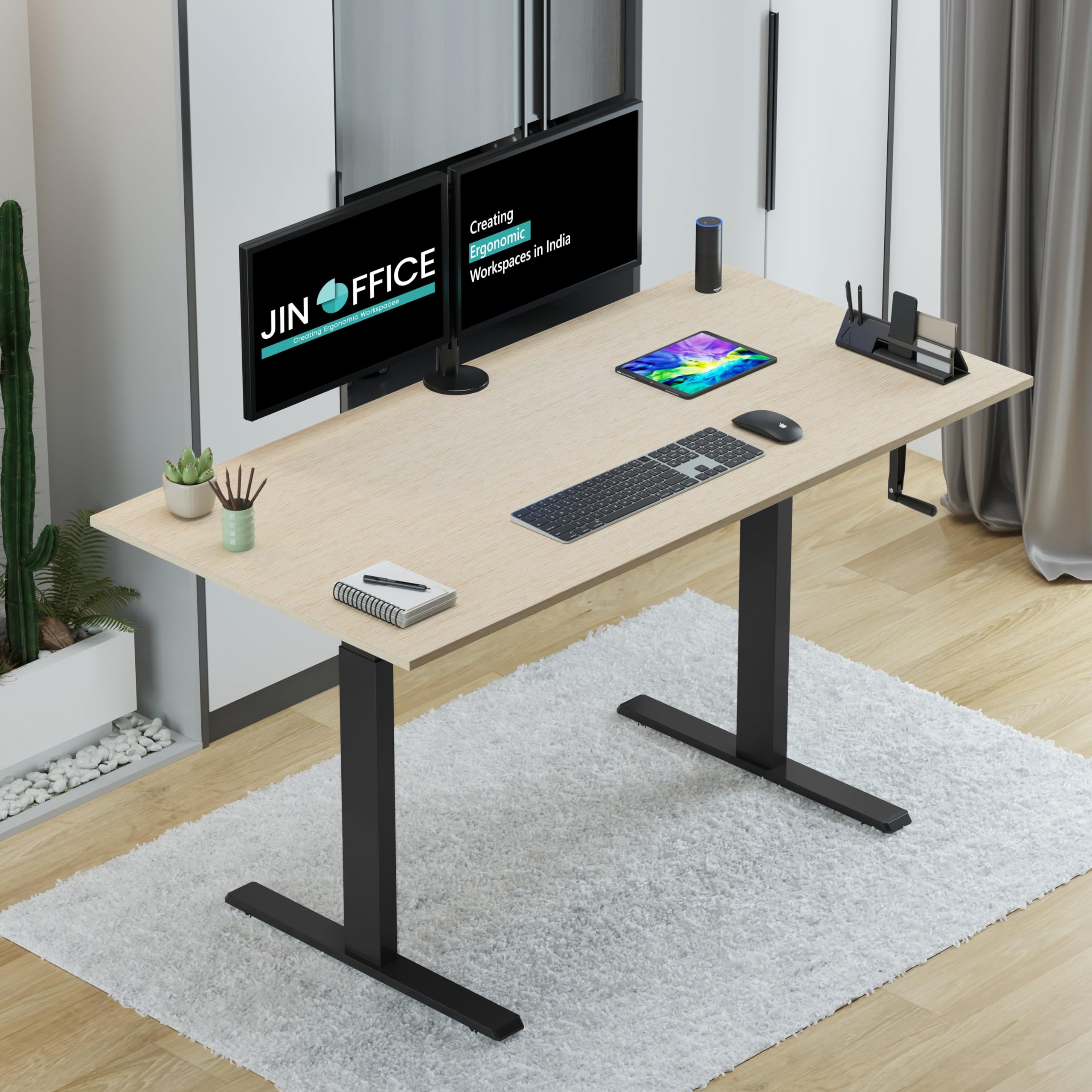 Jin Office Vertex Manual Height Adjustable Standing Desk| Adjustable Table With Hand Crank| Sit Stand Ergonomic Desk For Home Of