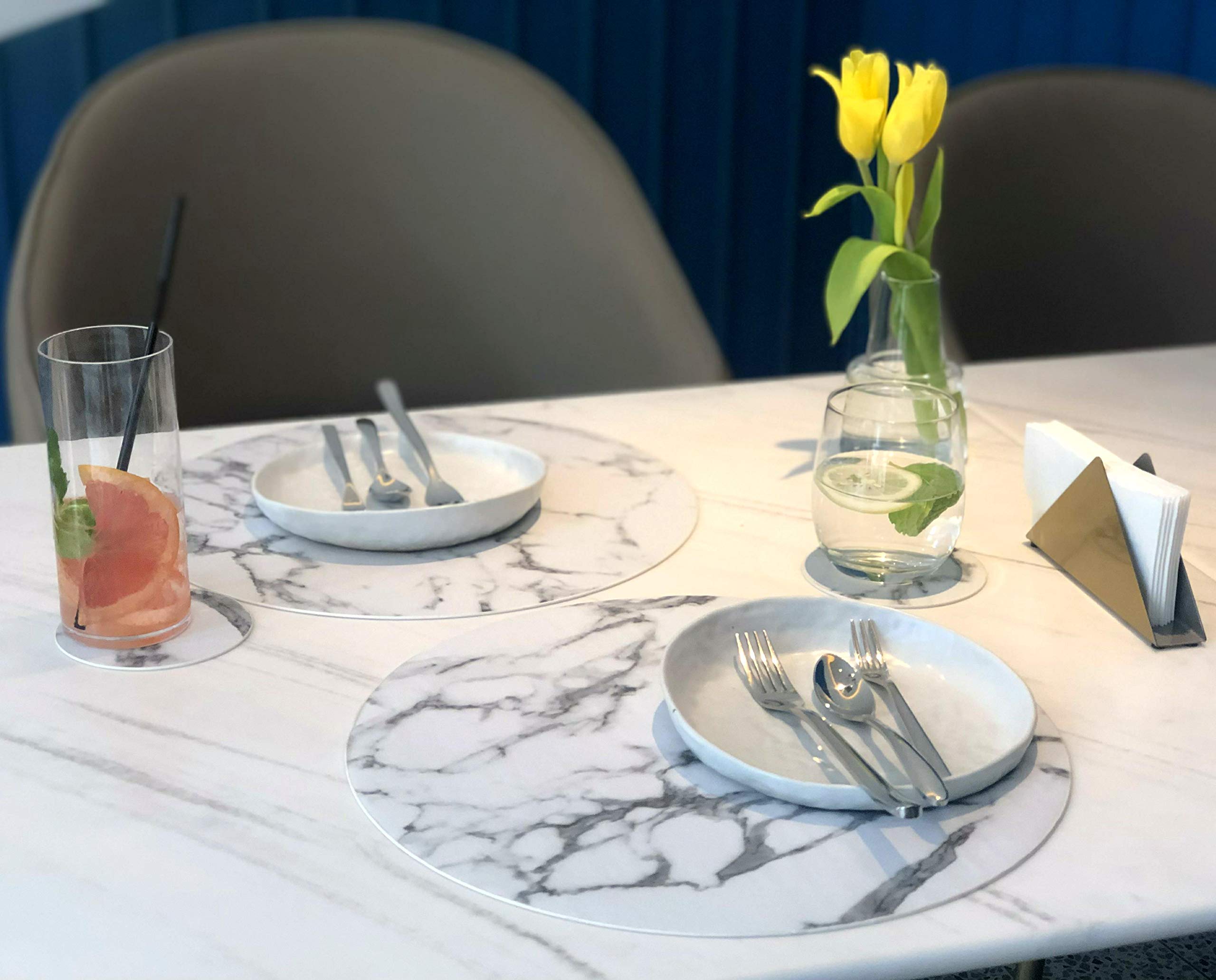 Set Of 8 Marble Round Placemats And Coasters, Faux Leather Waterproof Table Mats, Easy To Wipe Off For Kitchen Dining Round Tabl