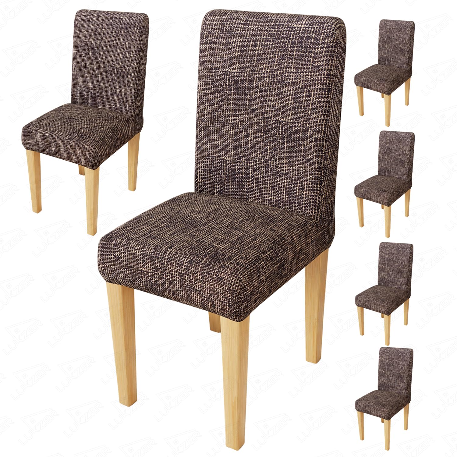 Lukzer 6Pc Elastic Stretchable Dining Chair Cover Universal Protective Slipcover (Brown Lining Design/ 6Cover), Polyester