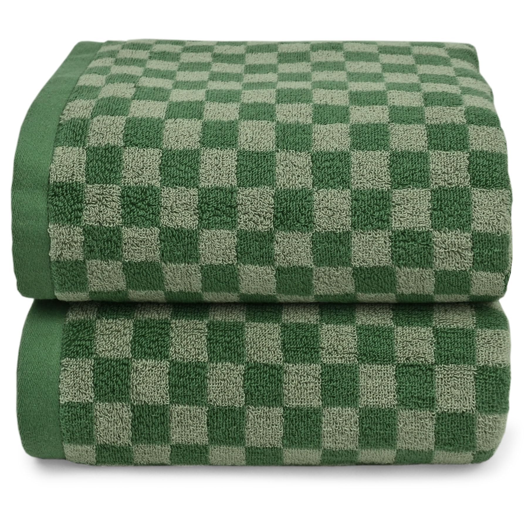 Jacquotha Luxury Bath Towels For Bathroom Green Checkered (54X28 Inches) - Cotton Soft Absorbent Shower Towels 2 Pack Daily Use