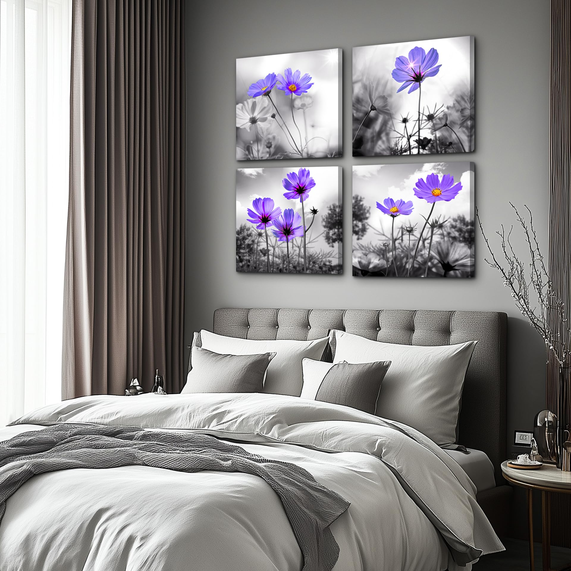 bathroom wall Decor wall art for bedroom Canvas Prints for kitchen poster pictures artwork Home wall Decorations for living room 16'' x 16'' 4 Pieces Framed Black and white landscape purple flowers