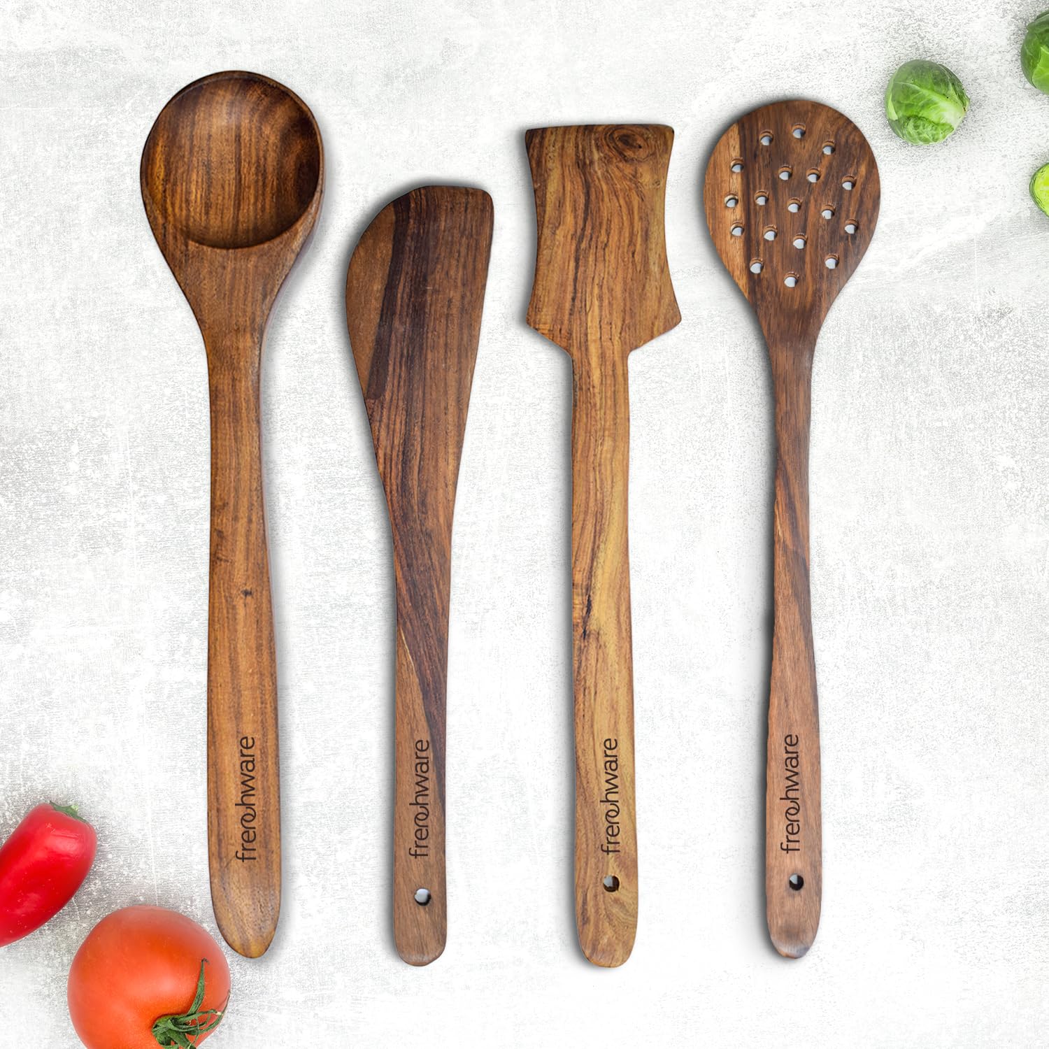 Frenchware (Set Of 4, Brown) Pure Sheesham Wood Spoons And Spatula For Non Stick Cookware Used For Cooking, Baking & Mixing, Sea