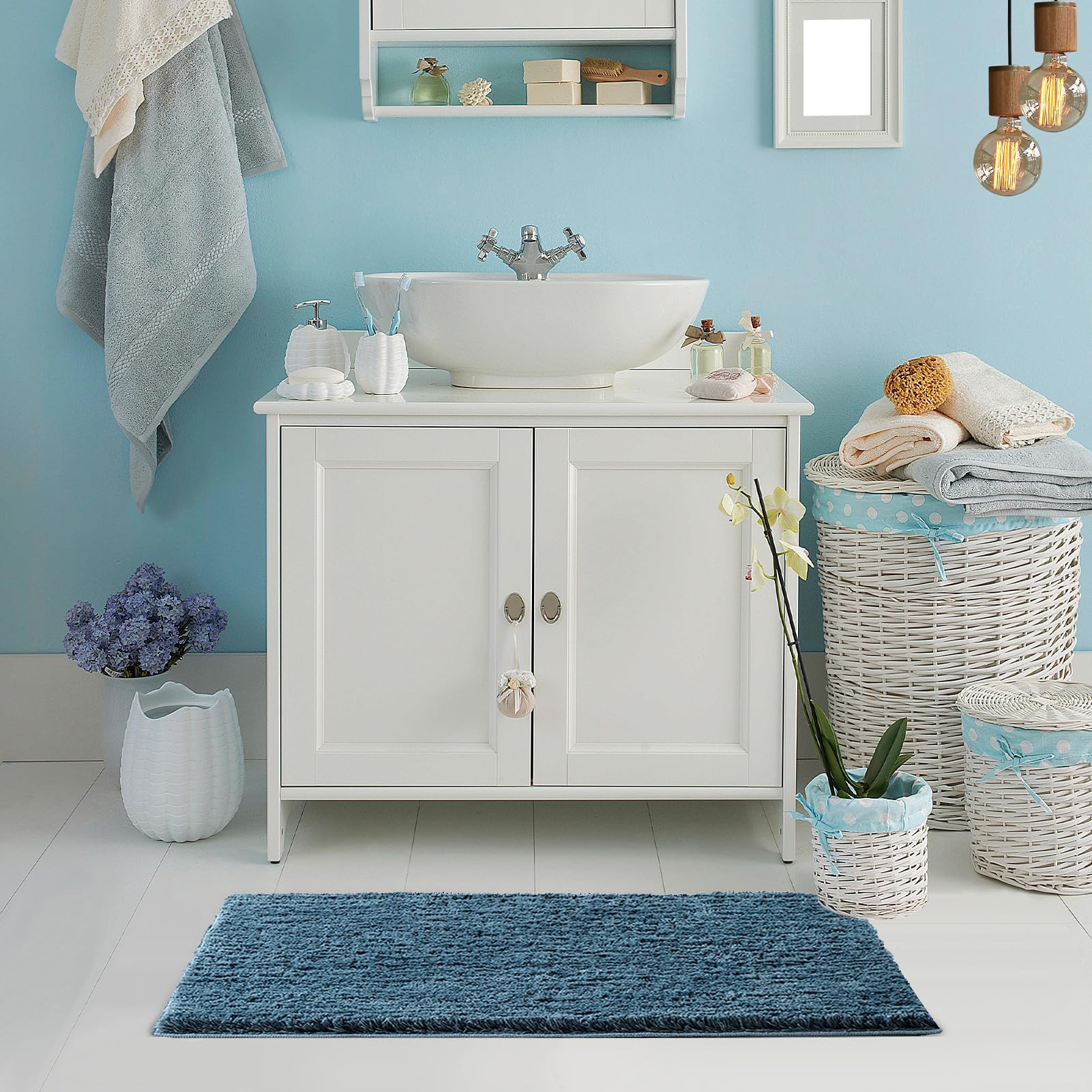 Cozecube Dusty Blue Bath Mats For Bathroom Non Slip, Bath Mat Runner, Ultra Soft Fluffy Shag Bath Rugs For Bathroom Washable, Pl