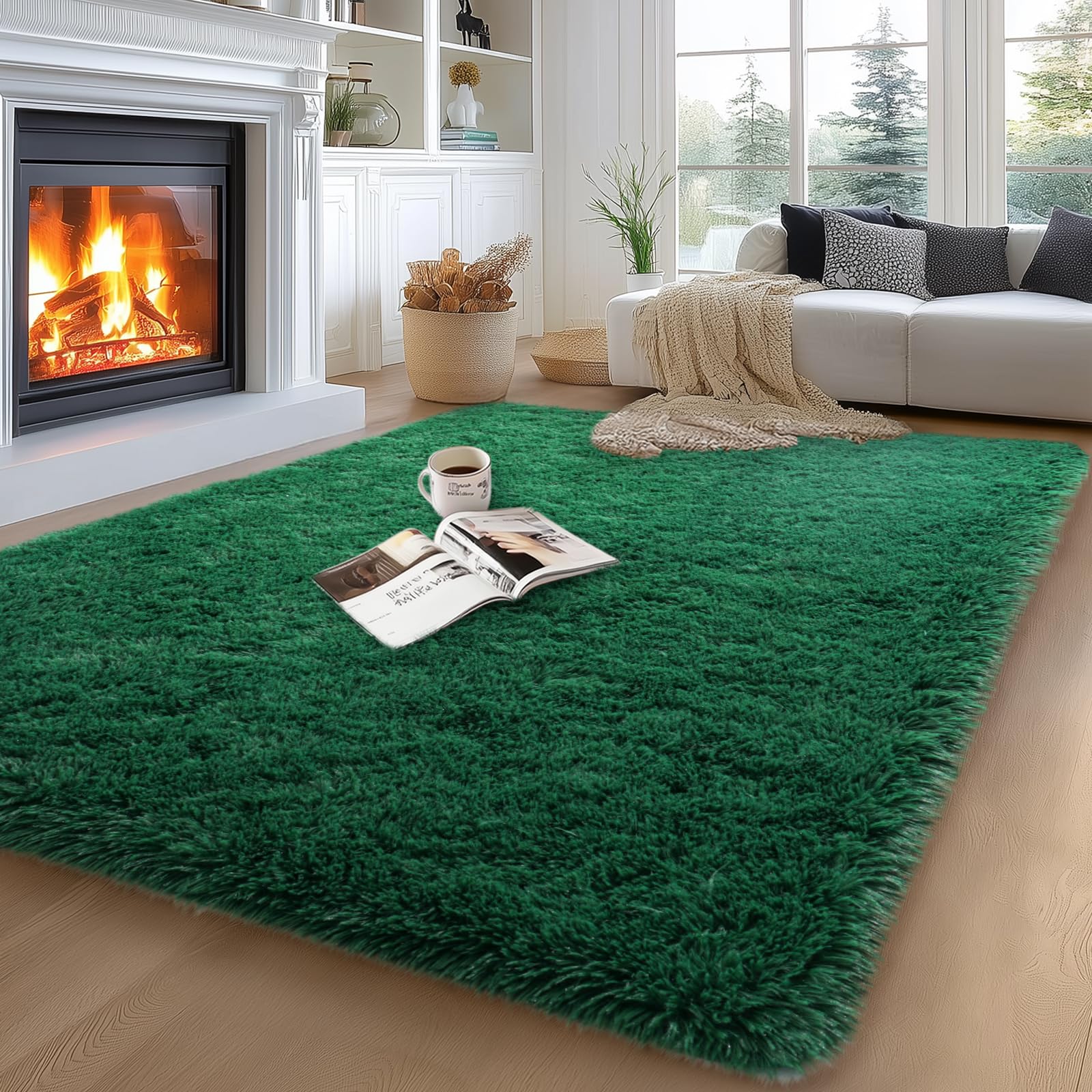 qulint 5x7 Area Rug for Living Room, Fluffy Green Rug for Bedroom Soft Shag Large Carpet for Nursery, Shaggy Fuzzy Alfombra for 