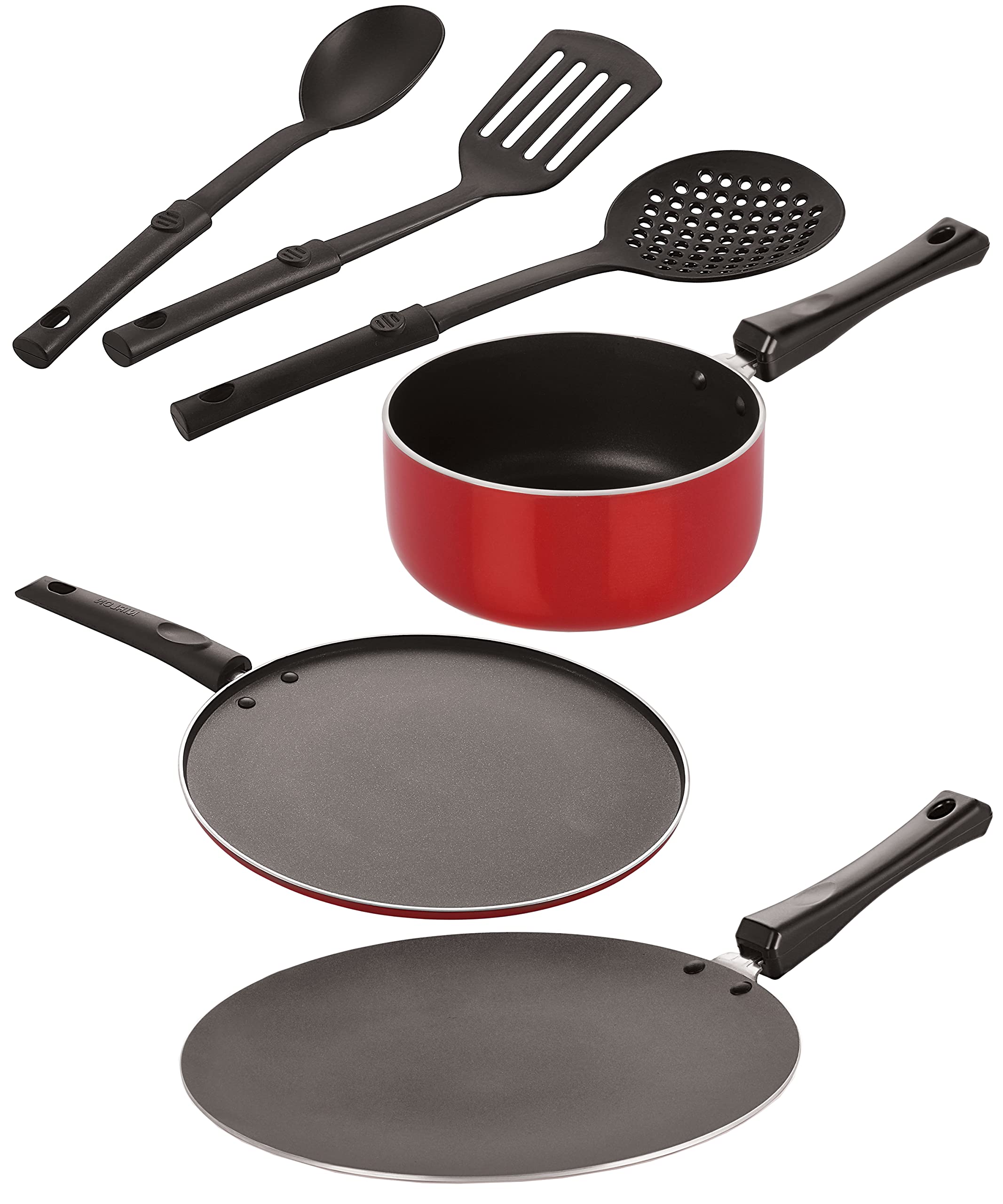 Nirlon Aluminium Nonstick Coated 6 Pcs Set Of Concave Tawa27.5Cm,Sauce Pan18Cm,Smart Tawa29Cm,3 Spoon (2.6Mm_Ct11_Sp(B)_St12_