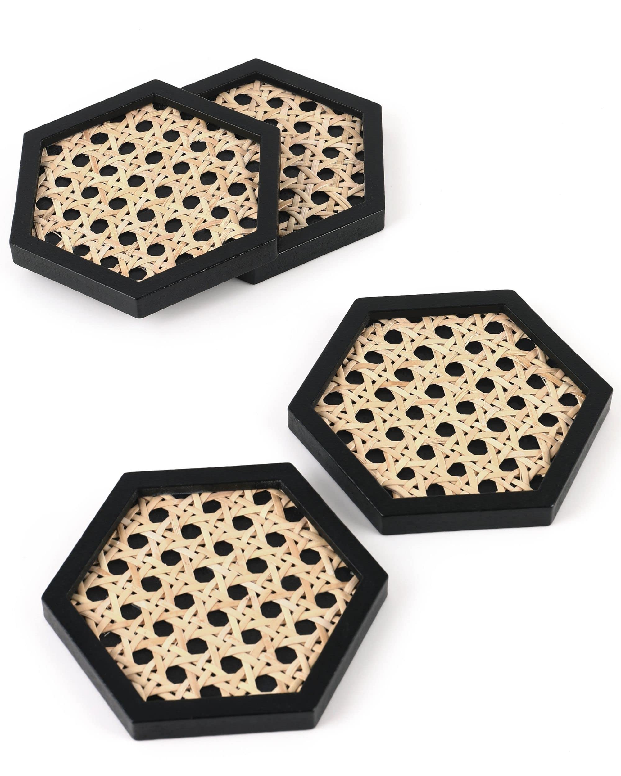Unique Wooden Rattan Coasters | Stylish Rattan Decor To Protect Surfaces | Set Of 4 | Classic Black Coasters For Drinks | Natura