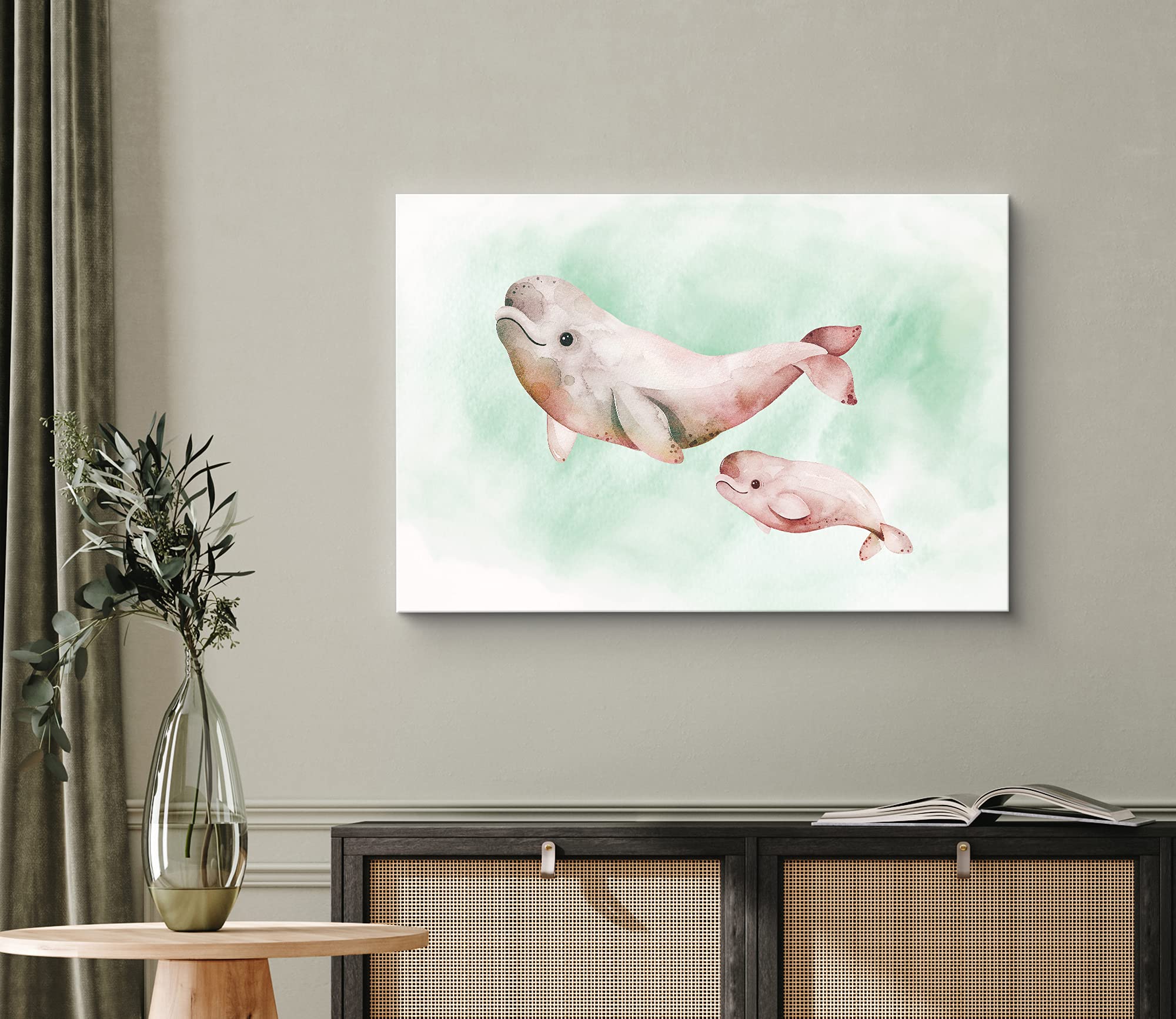 Wall26 Canvas Print Wall Art Watercolor Red, Green & White Beluga Whales Animals Marine Life Illustrations Realism Nautical Scen
