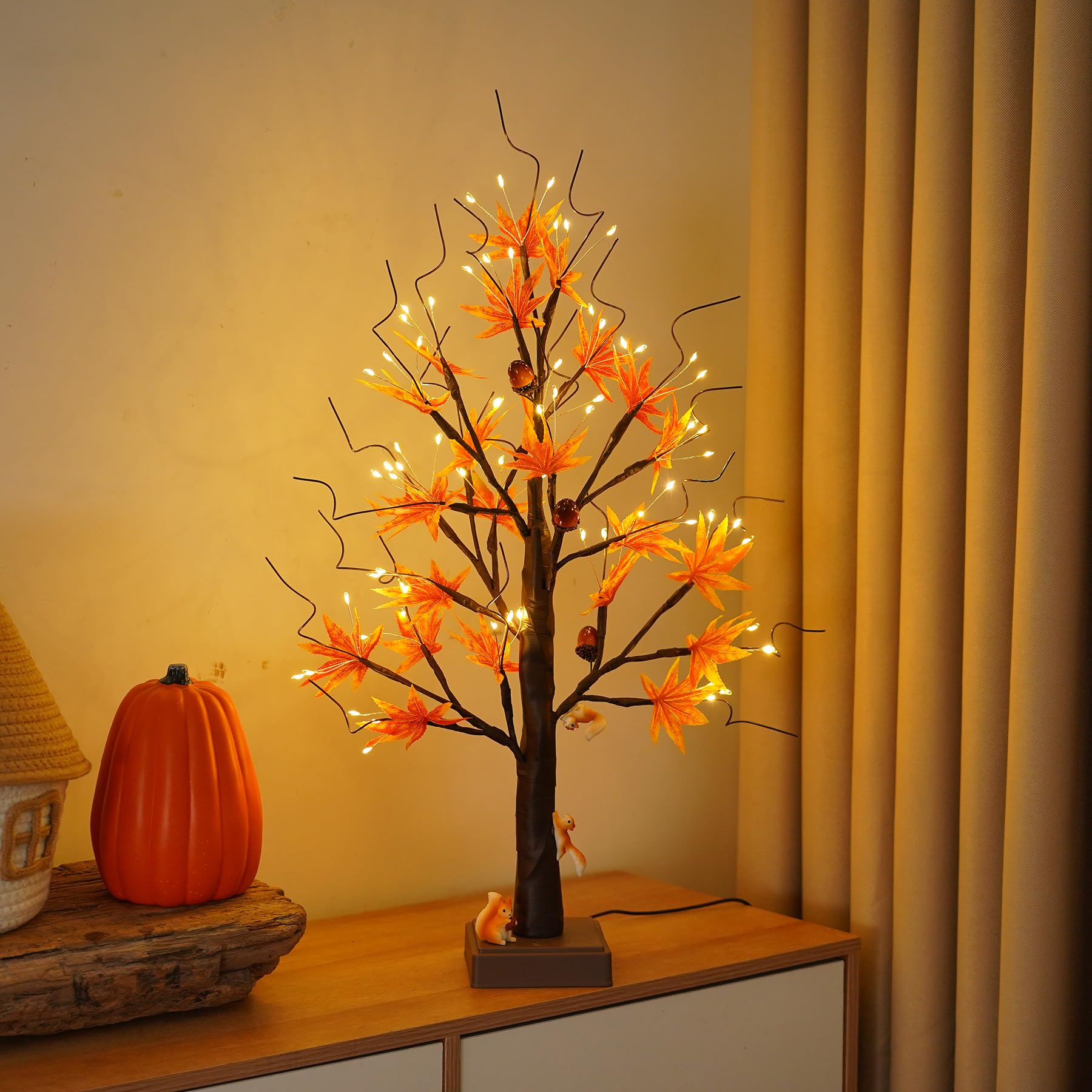 24    72 LED Fall Decorations for Home, Birch Tree Lighted Fall Maple Leaves Artificial Tree LEDs Autumn and 3 Squirrel,Acorn Or