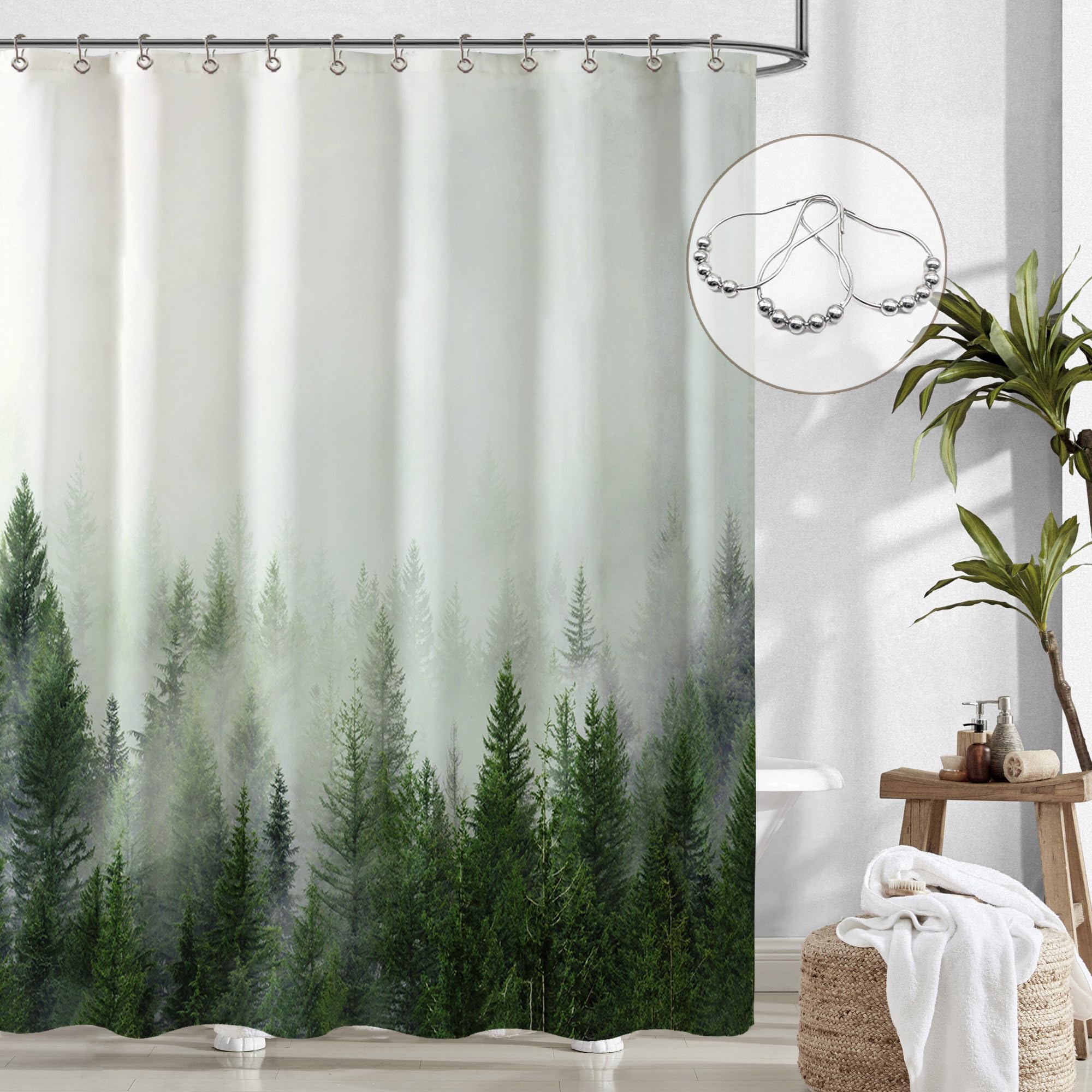 Ortigia Green Misty Forest Shower Curtains,Nature And Woodland Shower Curtain,Fantasy Fog Magic Winter Tree Bath Curtain For Bat