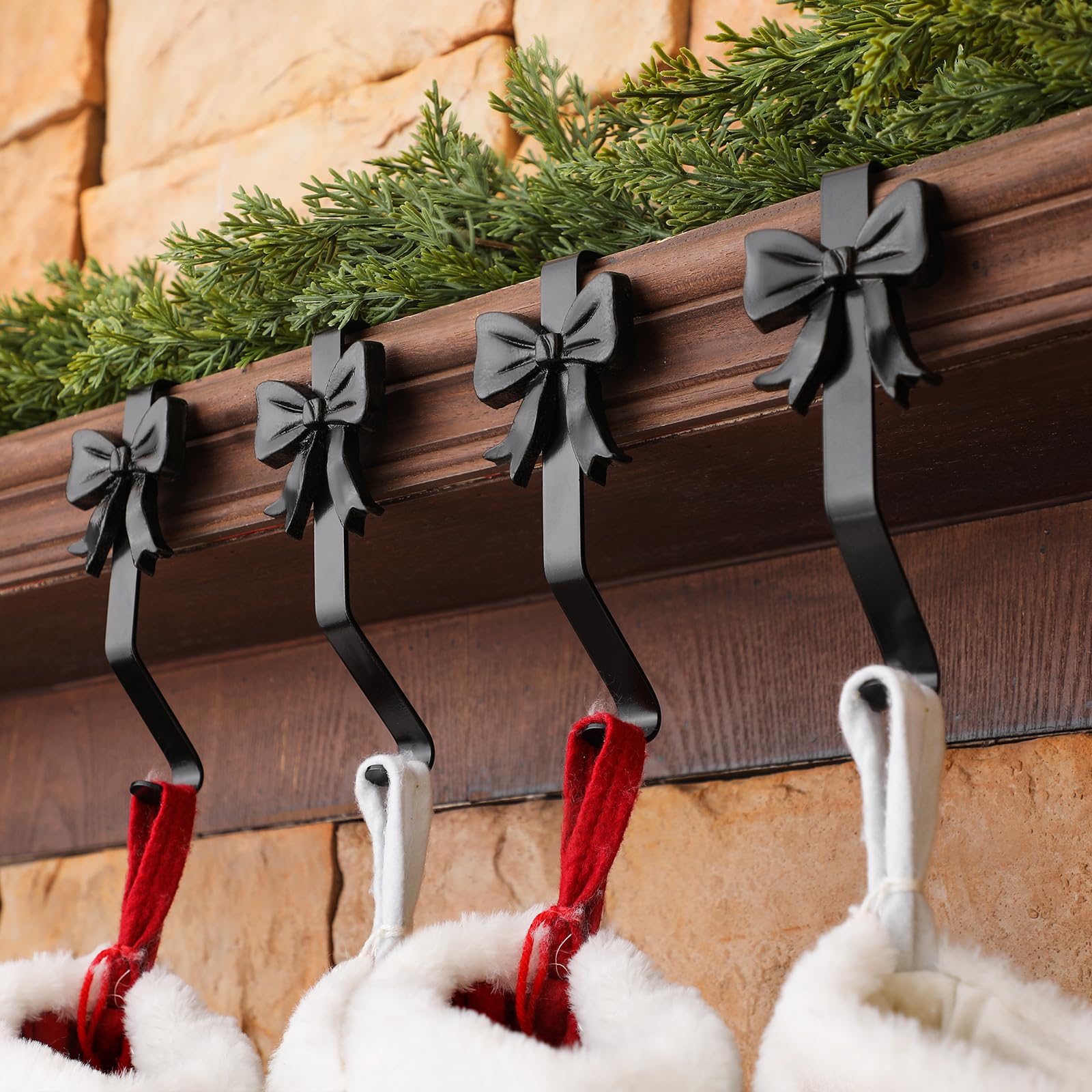 Shimeyao 8 Pcs Black Bow Christmas Stocking Holder Heavy Duty Cast Iron Stocking Hooks Non-Slip Fireplace Hangers Xmas Bow Decor