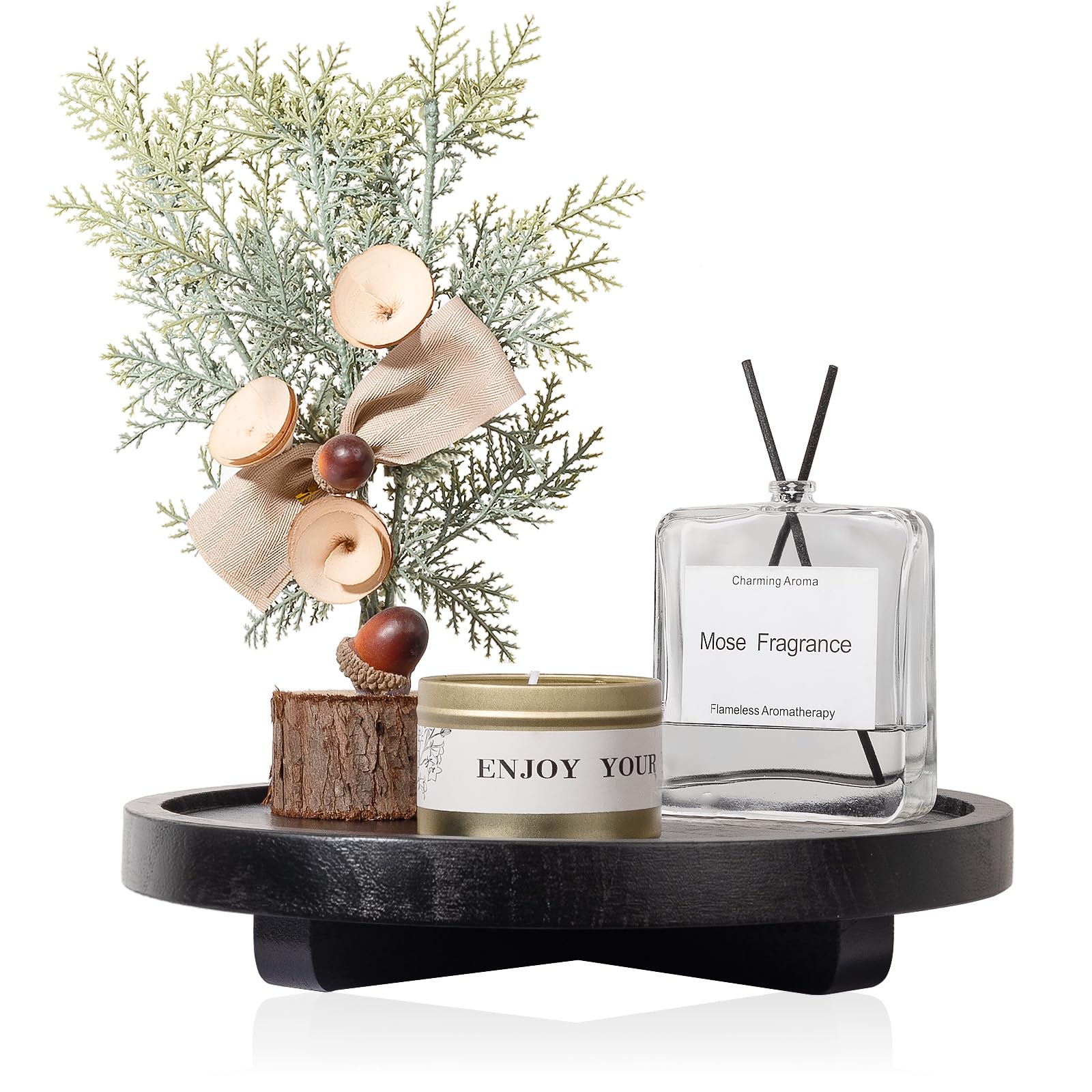 Round Decorative Tray Wood Bathroom Counter Organizer Farmhouse Kitchen Decor Wooden Riser For Soap Dish, Perfume, Candle, Spong