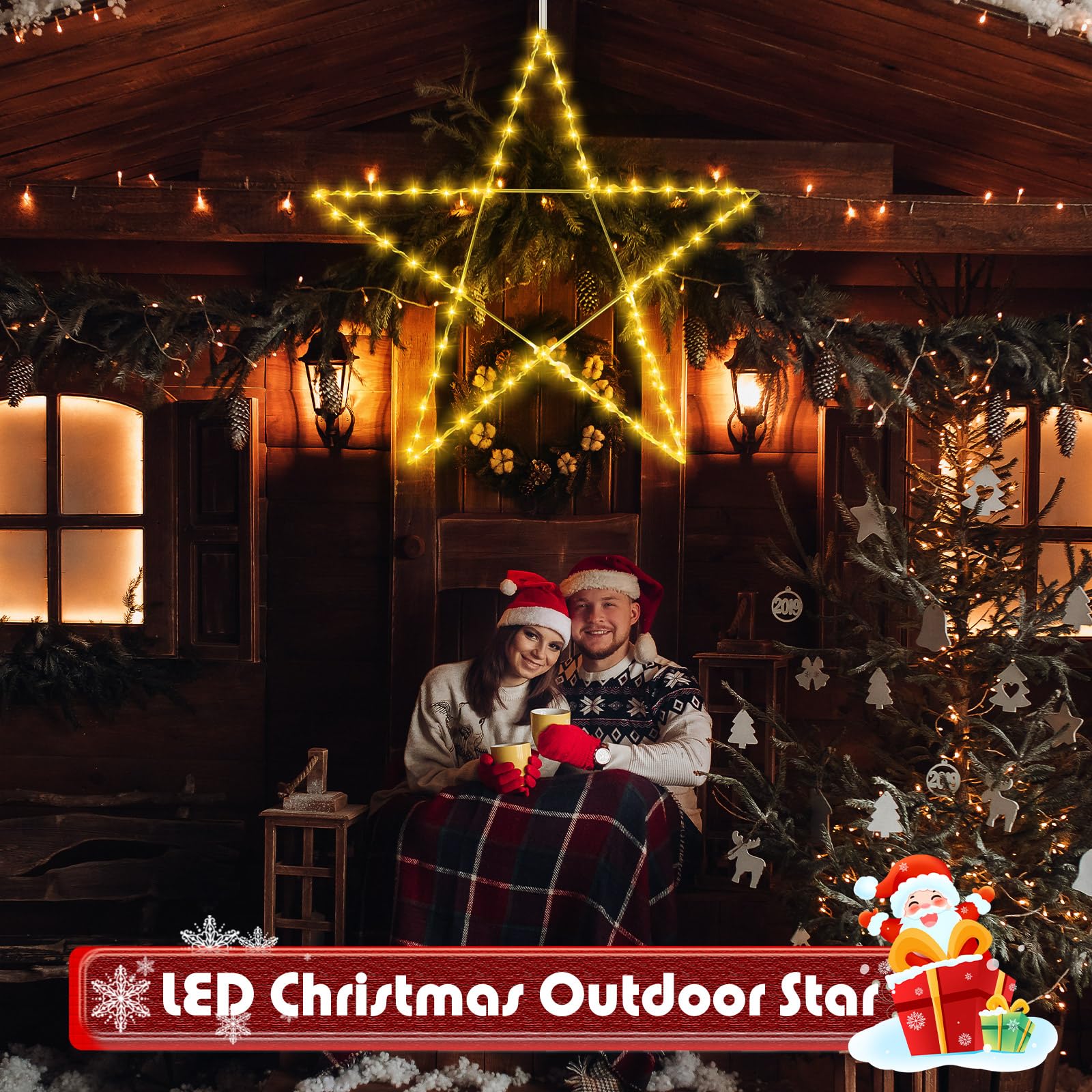 Retisee 24 Inch Large Lighted Christmas Star Warm White LED Xmas Outdoor Light up Star Motif for The Top Wall Hanging Christmas