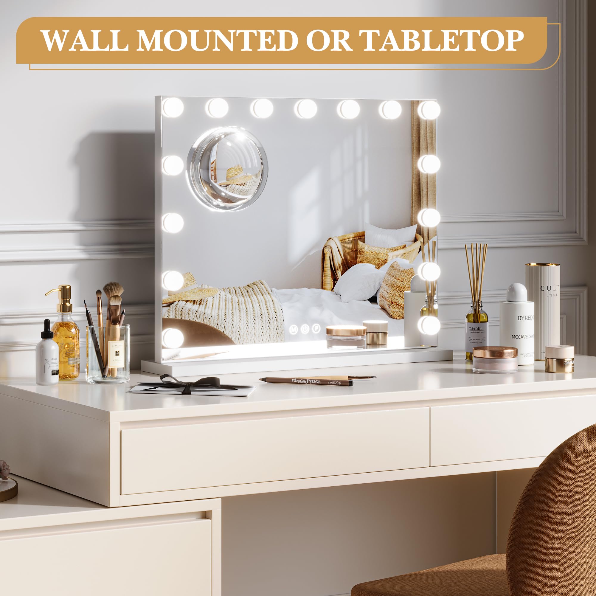 Vanity Mirror With Lights, Hollywood Lighted Vanity Mirror With 15 Dimmable Led Bulbs, 3 Color Modes, Usb Charging Port, Light U