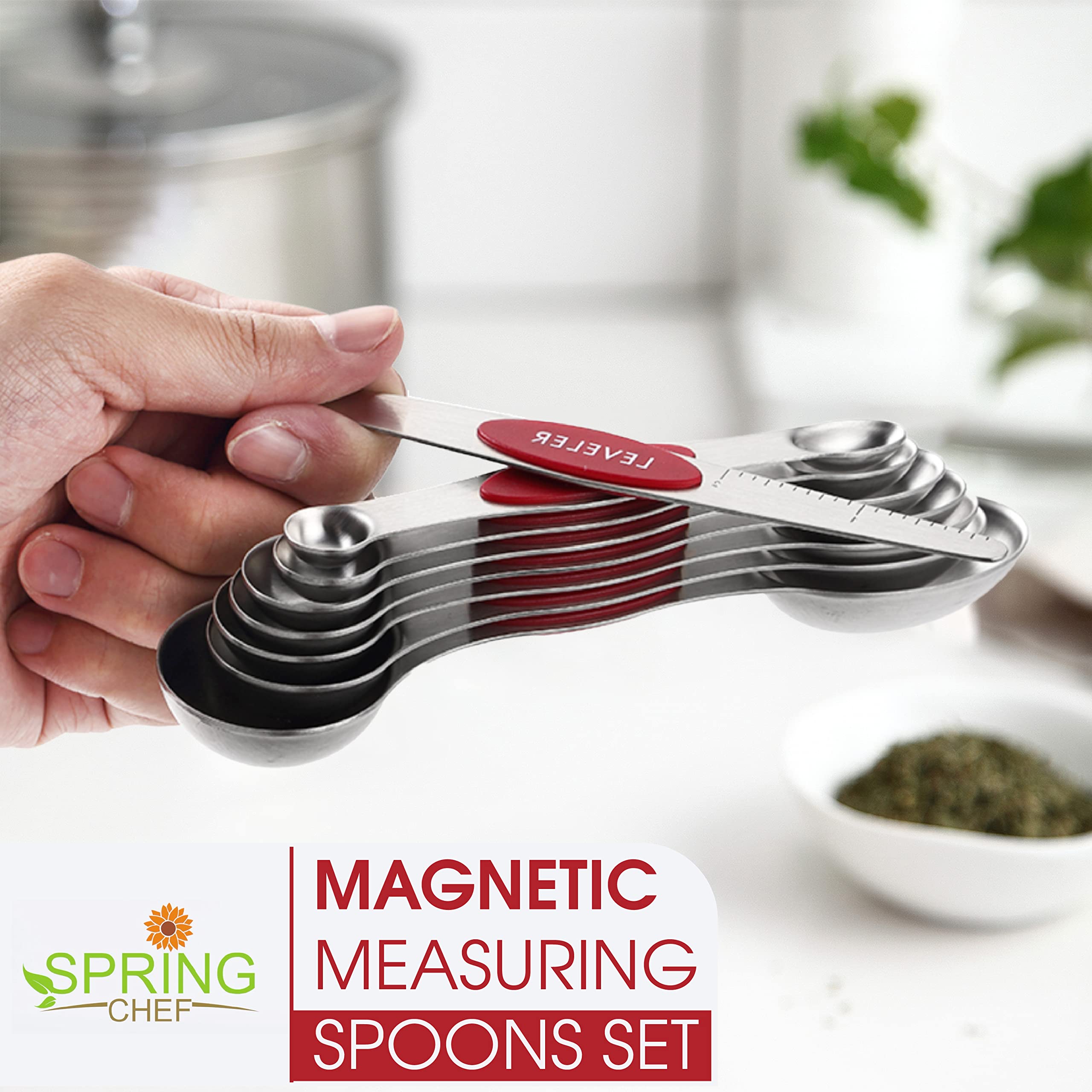 Spring Chef Magnetic Measuring Spoons Set, Dual Sided, Stainless Steel, Fits In Spice Jars, Red, Set Of 8