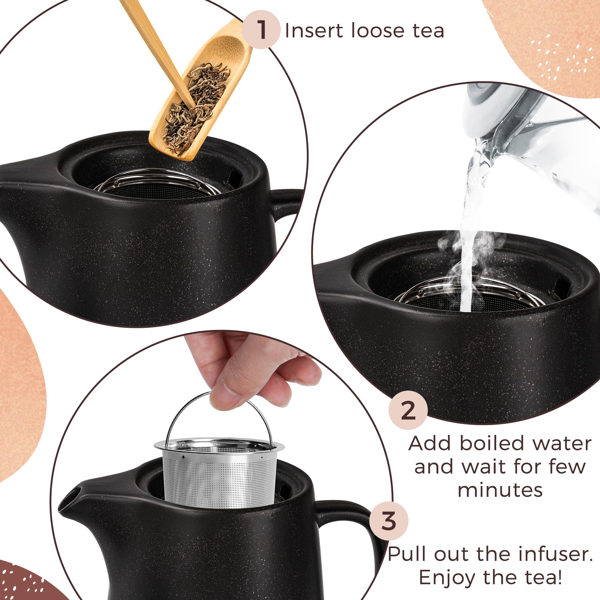 Happy Lemuro Tea Pot With Warmer Set - 40 Oz - Ceramic Teapot With Strainer - Large Tea Pot With Infuser For Loose Tea - Clay Te
