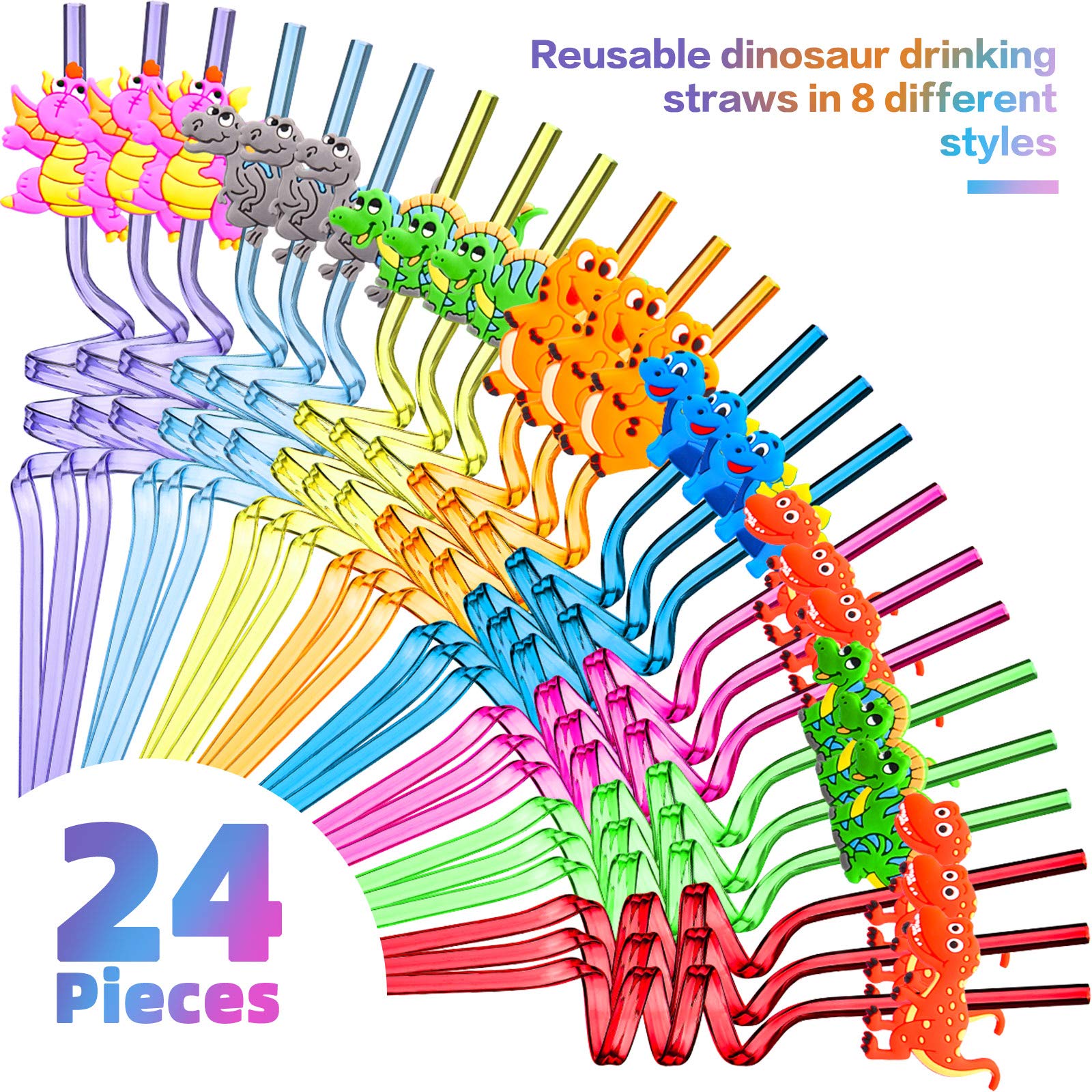 24 Pieces Reusable Dinosaur Straws Plastic Dinosaur Straws For Kids Safari Jungle Dinosaur Theme Straws For Dinosaur Party Decor