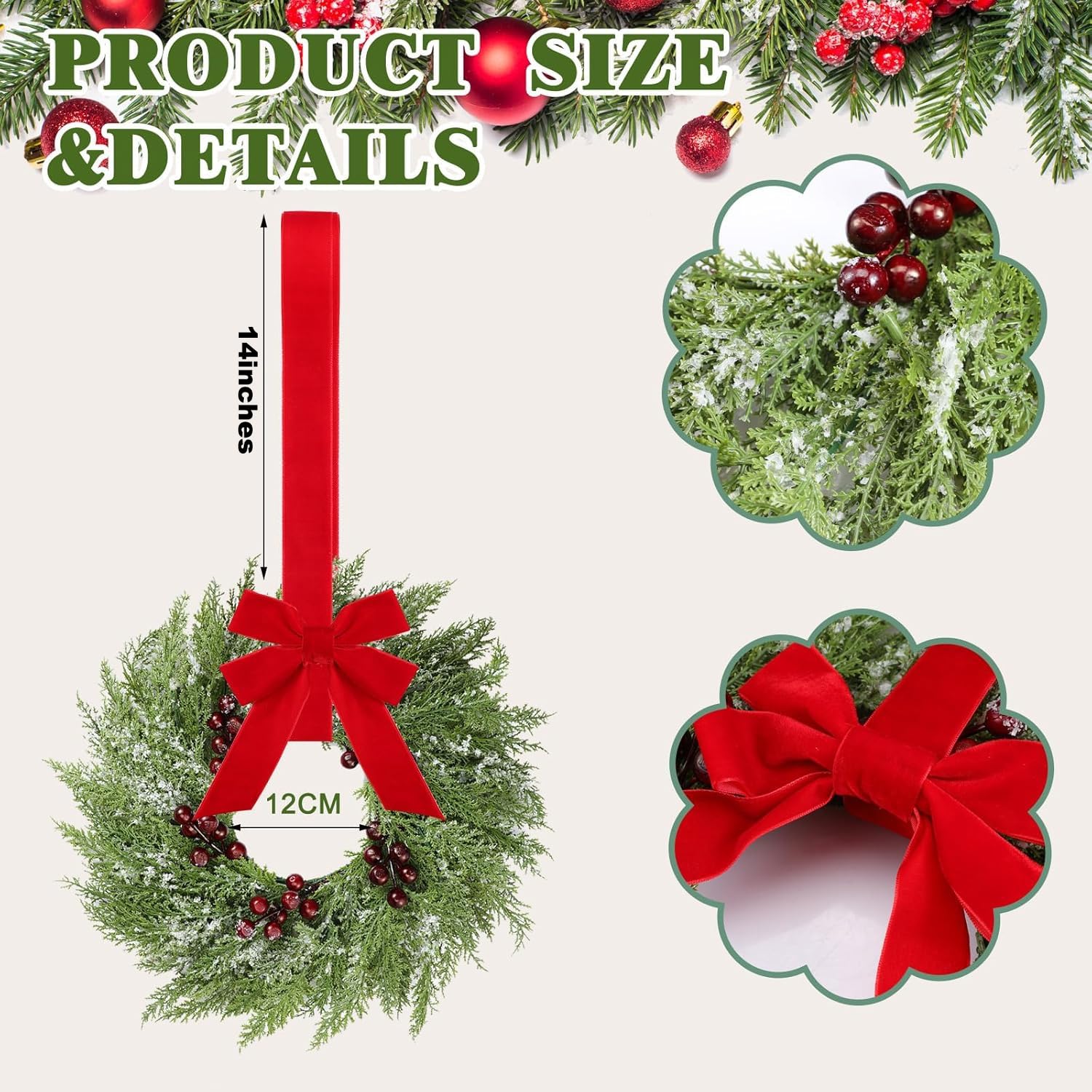 6 Pcs Small Christmas Norfolk Wreaths 15 Inch Christmas Kitchen Cabinet Mini Wreath Real Touch with Bow Ribbon Cedar Red Berry f