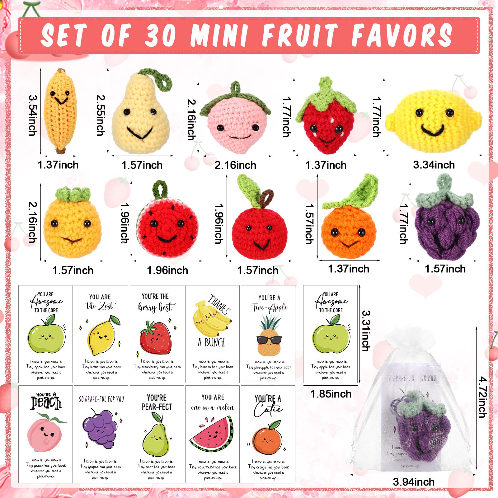 Shappy 30 Sets Inspirational Positive Fruit Toy Gift Cute Funny Wool Knitted Fruit Mini Employee Appreciation Gift Motivational