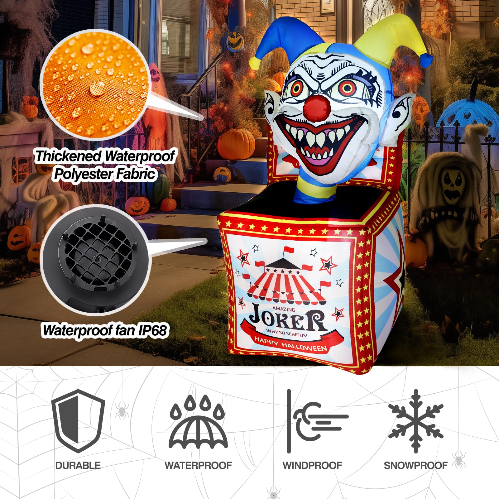 WBHome 5 Ft Halloween Inflatable Circus Clown Box Outdoor Decorations, Blow Up Yard Decor with Built-in LED Light (Plug in) for