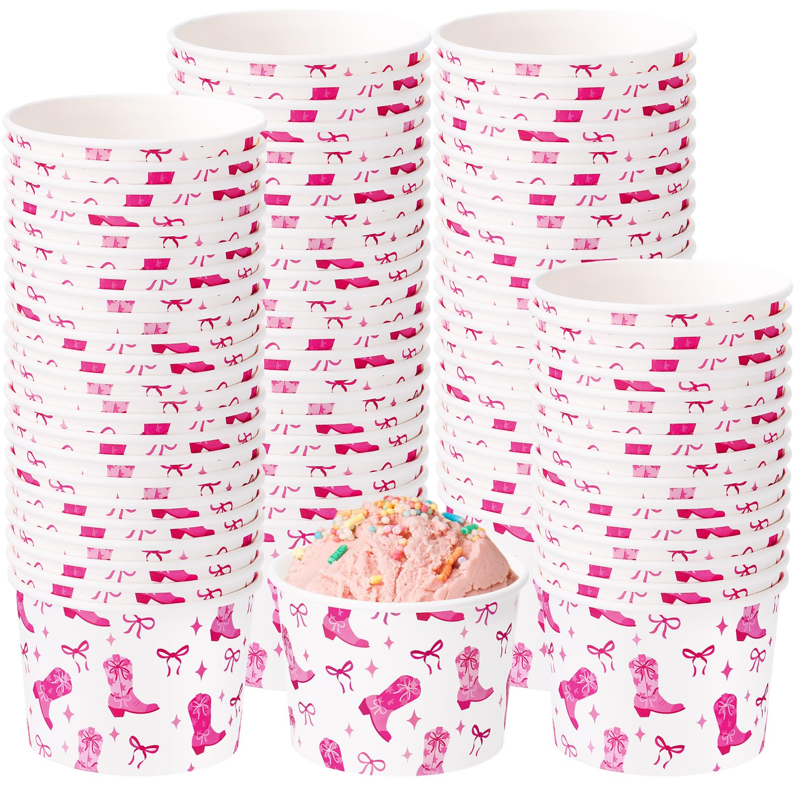 Funnymoom 50 Pack Western Pink Cowgirl Ice Cream Cups 9 oz Disco Cowgirl Disposable Dessert Bowls Bow Paper Soup Bowls for Hot o
