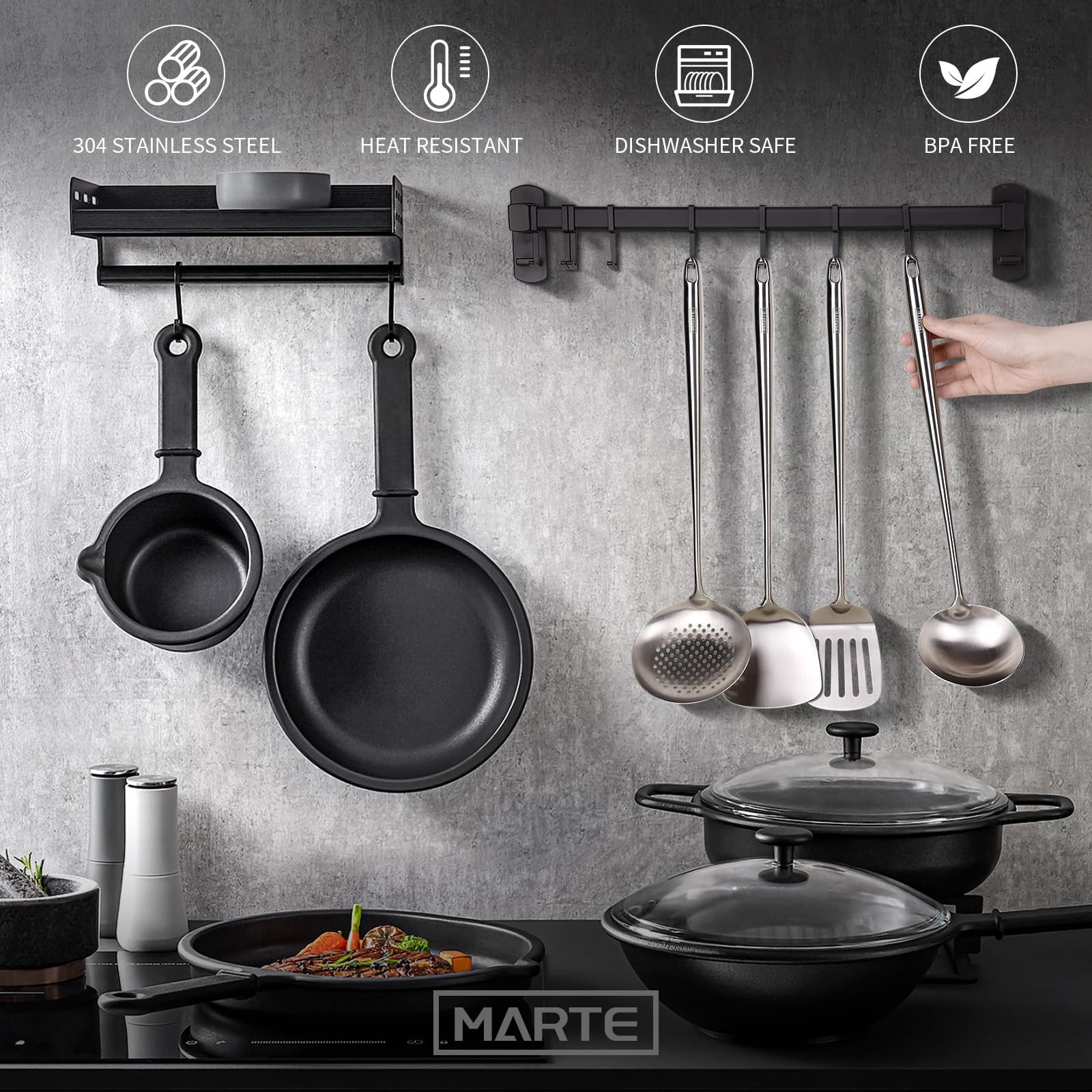 Wok Spatula And Ladle Tools Set,16.5-17 Long Handle 304 Stainless Steel Wide Wok Spatula And Ladle Set For Wok Cooking,Heat Resi