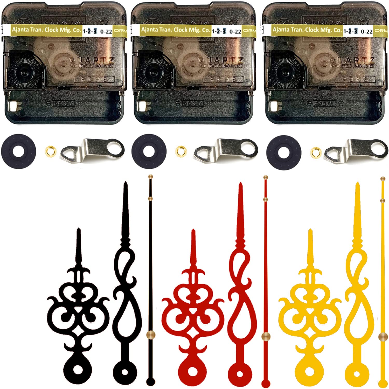 Yonota  Combo Of 3 Ajanta Mfg. Battery Operated Plastic Ticking Analog Wall Clock Movement Machine With Hands (Black+Gold+Red)