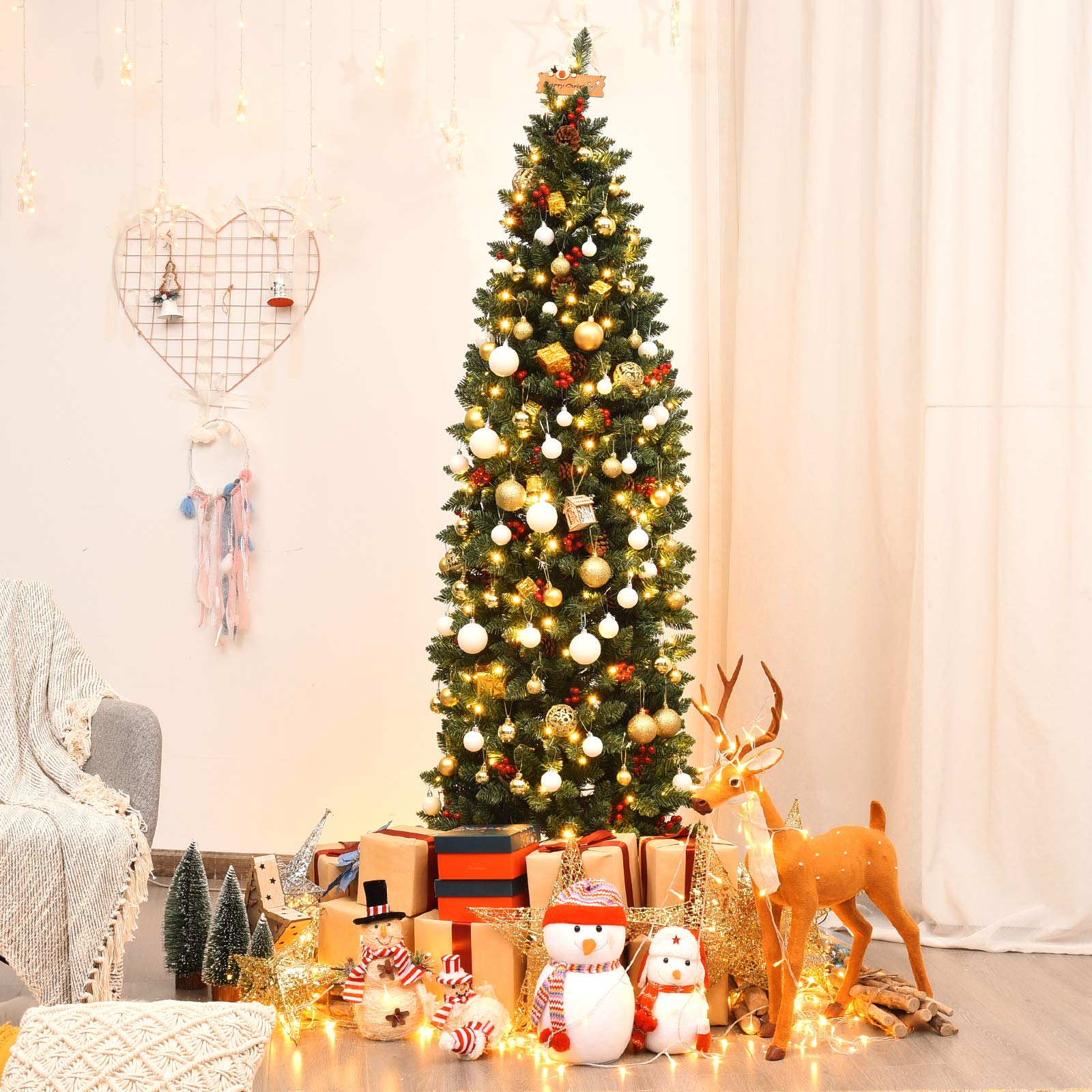 DREAMADE 6.5ft Pre-Lit Artificial Pencil Christmas Tree, Slim Xmas Tree w/ 806 PVC Branch Tips, 250 LED Lights, 62 Pine Cones& R