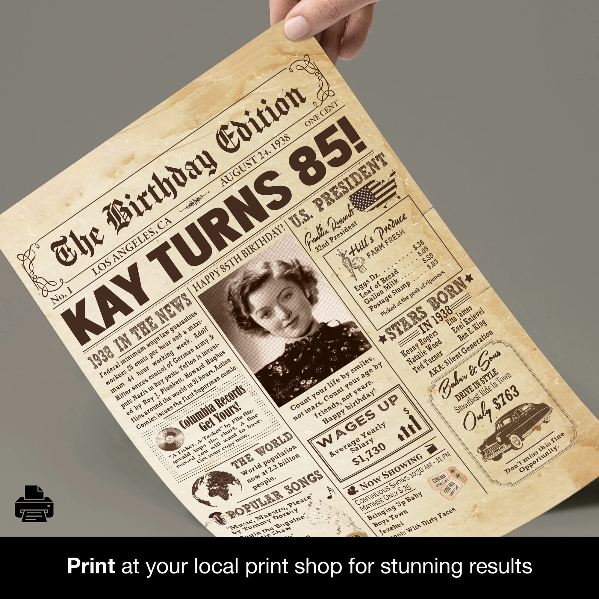 Personalized 85Th Birthday Newspaper Poster No Frame, Canvas Back In 1938 Gifts Idea Birthday, Anniversary, Custom Photo Birthda