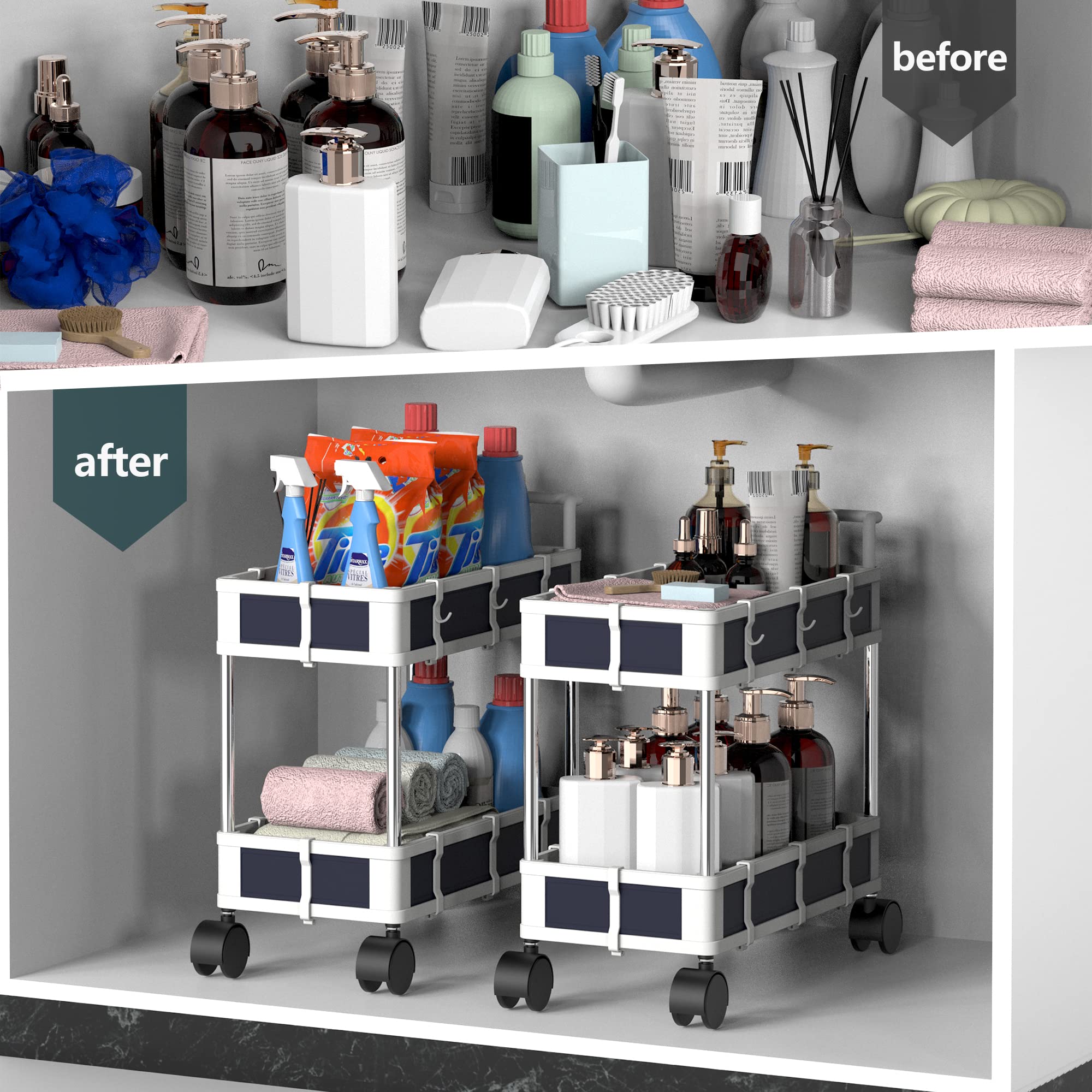 Under Sink Organizer And Storage,2Tier Large Capacity Multi-Place Sink Organizer With Wheels, Foldable Under Sink Storage Drawer