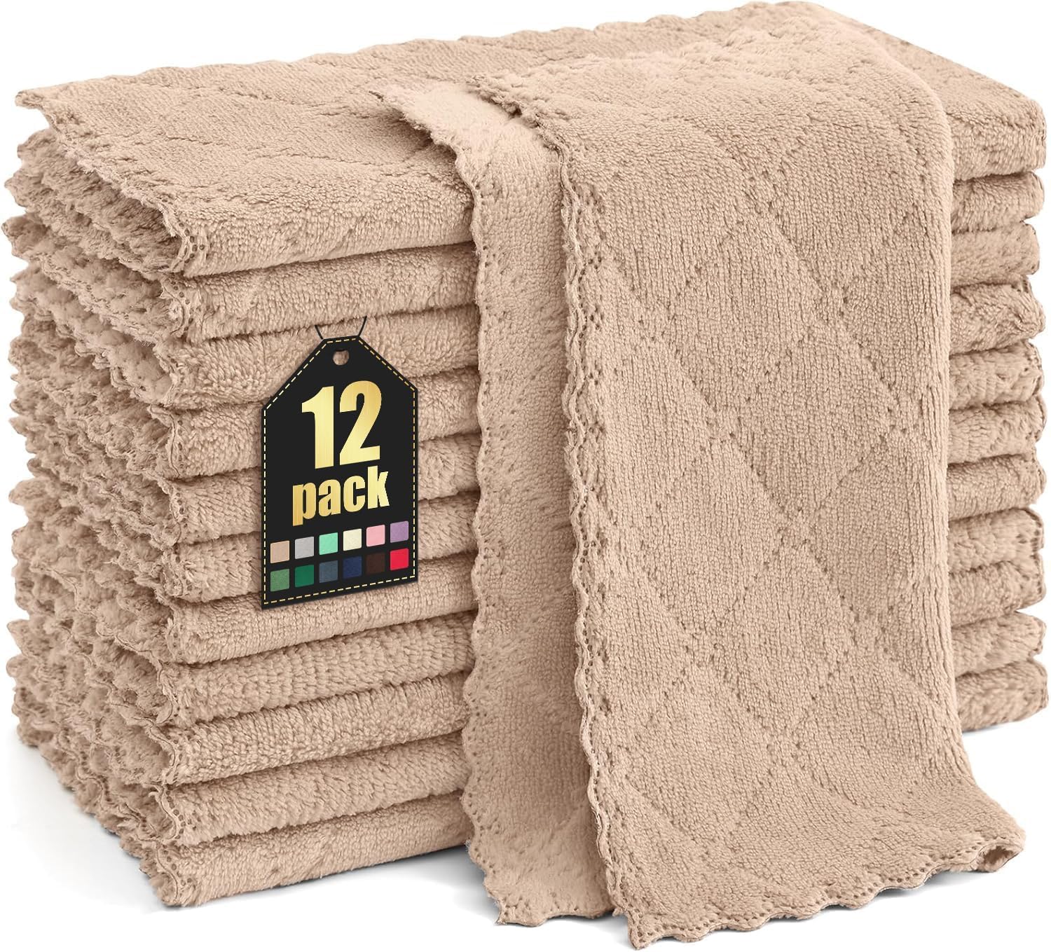 Homaxy 12 Pack Dish Towels for Kitchen (13 x 19 Inches, Tan), Super Soft and Absorbent Coral Velvet Dish Cloths for Washing Dish