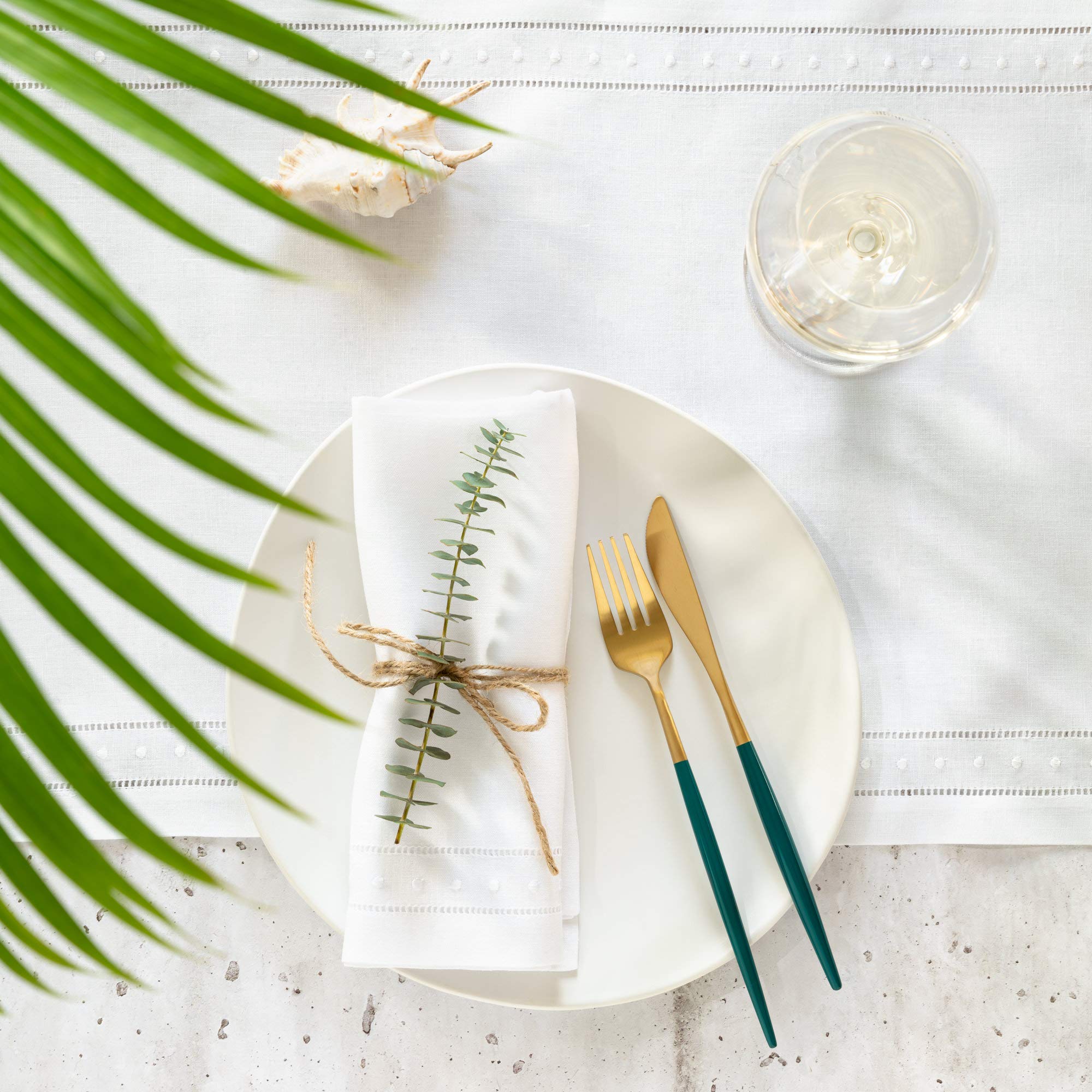 Linen Napkins Set Of 4-100% Flax Linen White Dinner Napkins With Embroidered Dot 18 X 18 Inch - Hemstitch Cloth Napkins Washable
