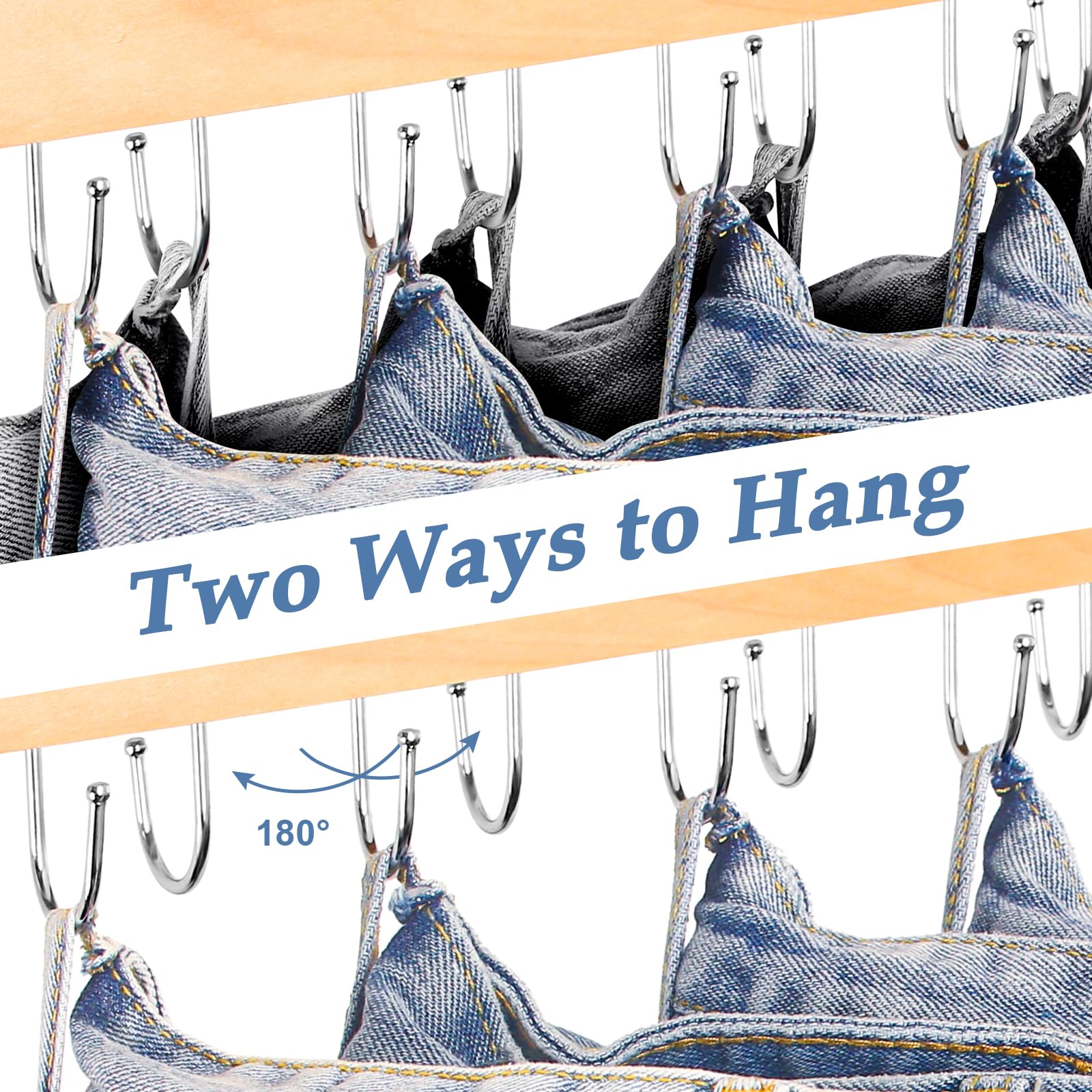Jean Hangers For Closet, 14 Wood Jeans Hooks Space Saving, 180 Rotating Jean Hangers Holder For Jeans/Skirts/Shorts/Belts/Ties,