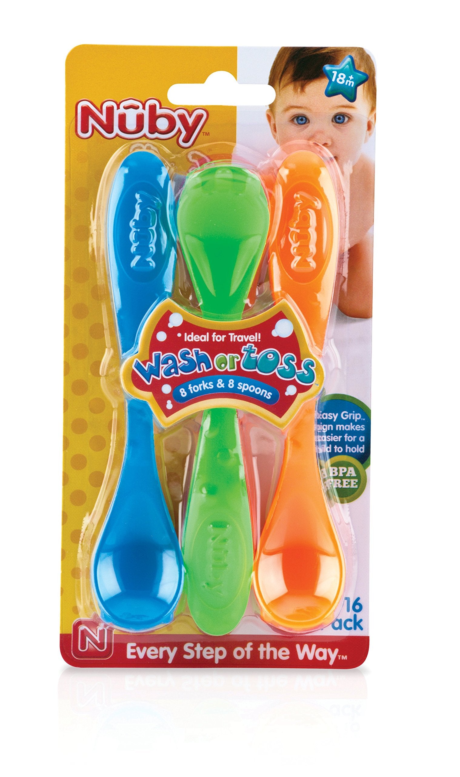 Nuby 16 Piece Wash or Toss Toddler Feeding Fork and Spoon Set