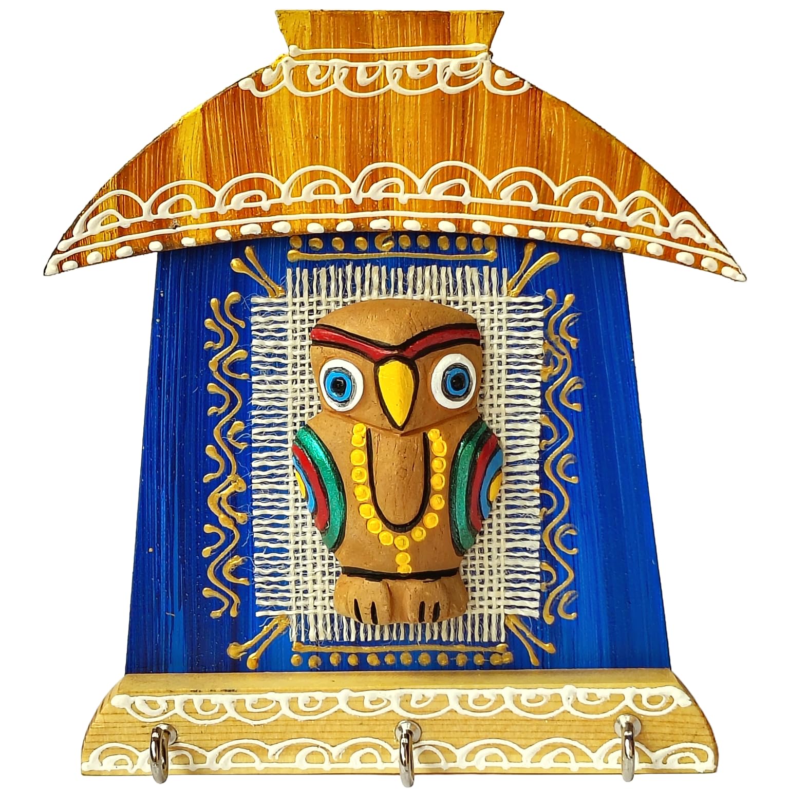 Windup Handcrafted Terracotta Owl Key Holder, Decorative Wall Mount with 3 Hooks, 15 cm x 17.5 cm, Blue and Golden