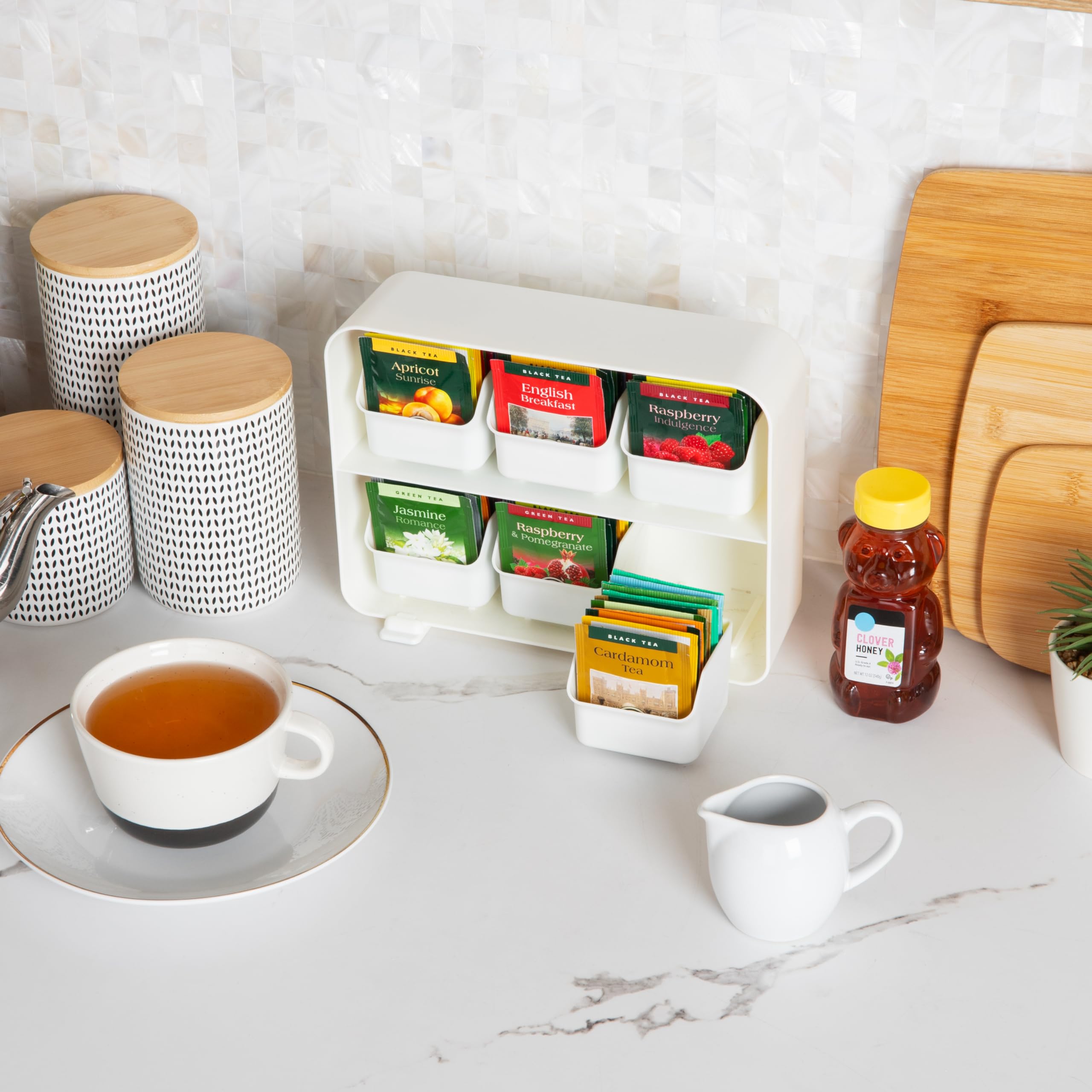 Mind Reader Tea Bag Organizer  Tea Station Organizer  Countertop Storage  Kitchen  Plastic  10.25''L x 3.25''W x 7.75''H  White