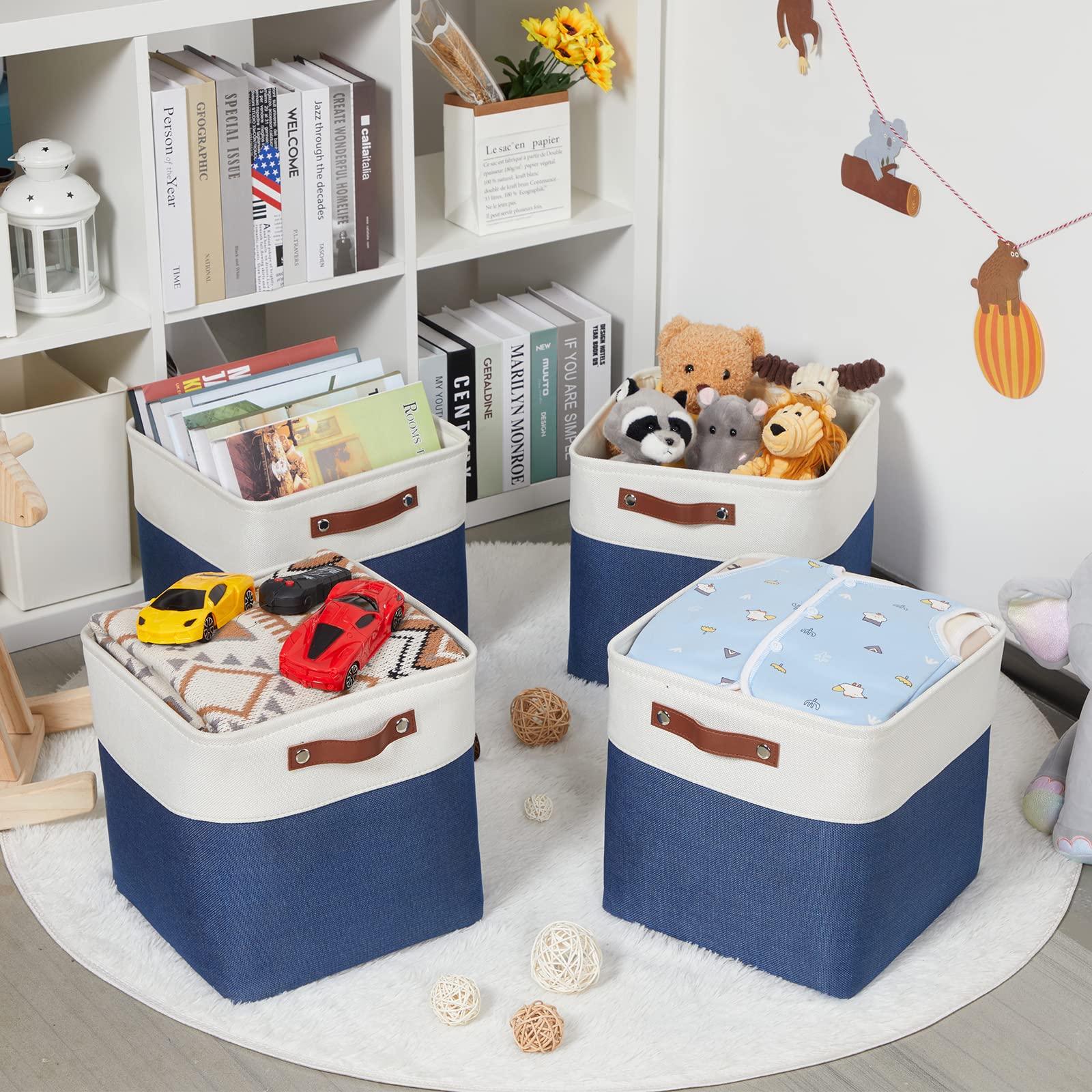 HNZIGE Fabric Storage Basket(4 Pack ) Linen Baskets for Organizing 12x12 Storage Bins for Shelves Towels Blankets Toys with Leather Handles(White&Blue)