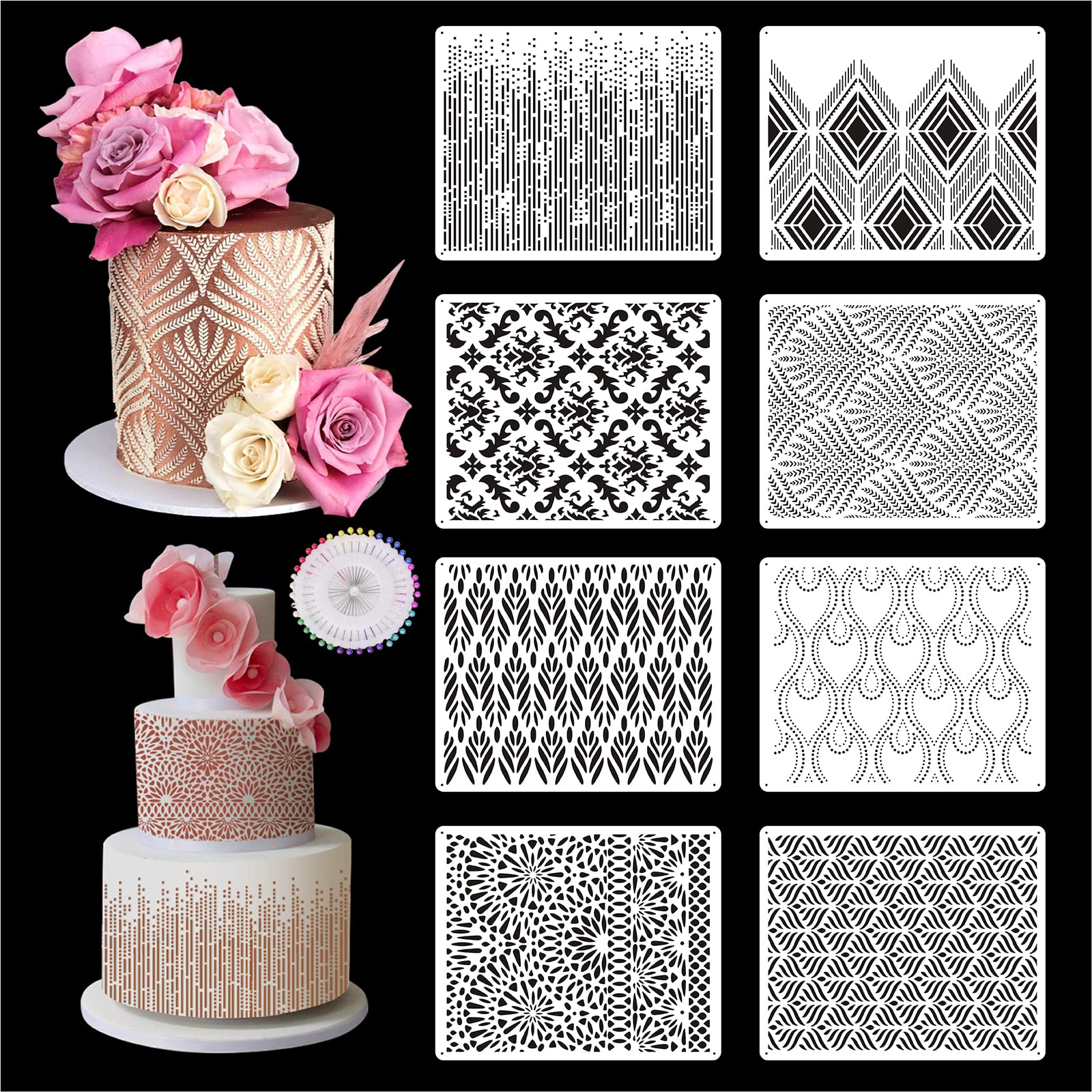 Di Qiu Ren 16Pcs Cake Stencils Decorating Buttercream, 15X5.9 Inch Fondant Stencil For Cake Decoration Lace Cake Stencil & Templ