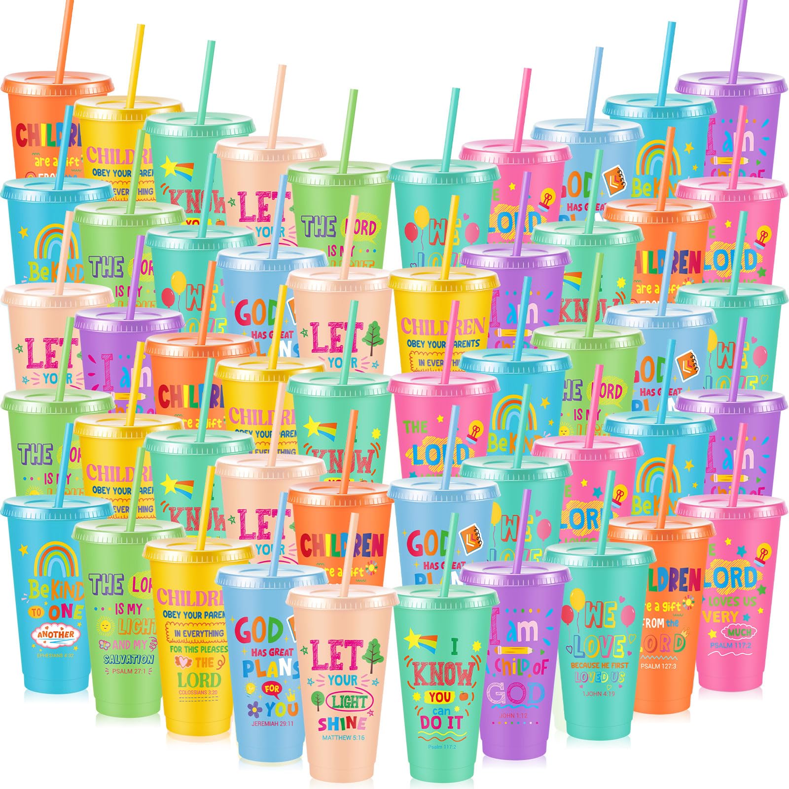 Uiifan 50 Pcs Christian Cups Bulk for Kids, Religious Plastic Tumblers with Bible Verses, Sunday School and Church Gifts, Reusab