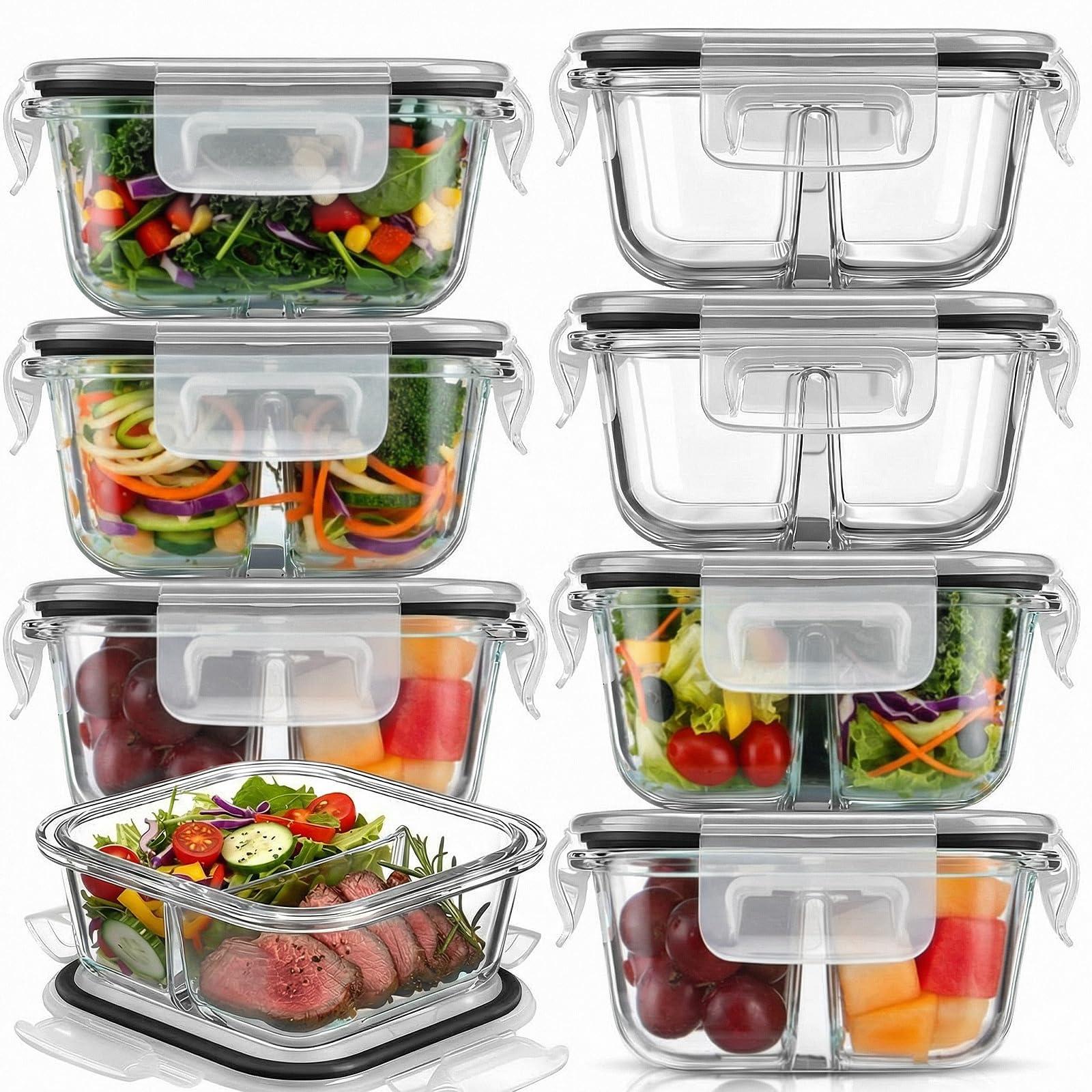 Yiyiring 8 Pack 8 oz Bariatric Meal Prep Container, Partition, Black