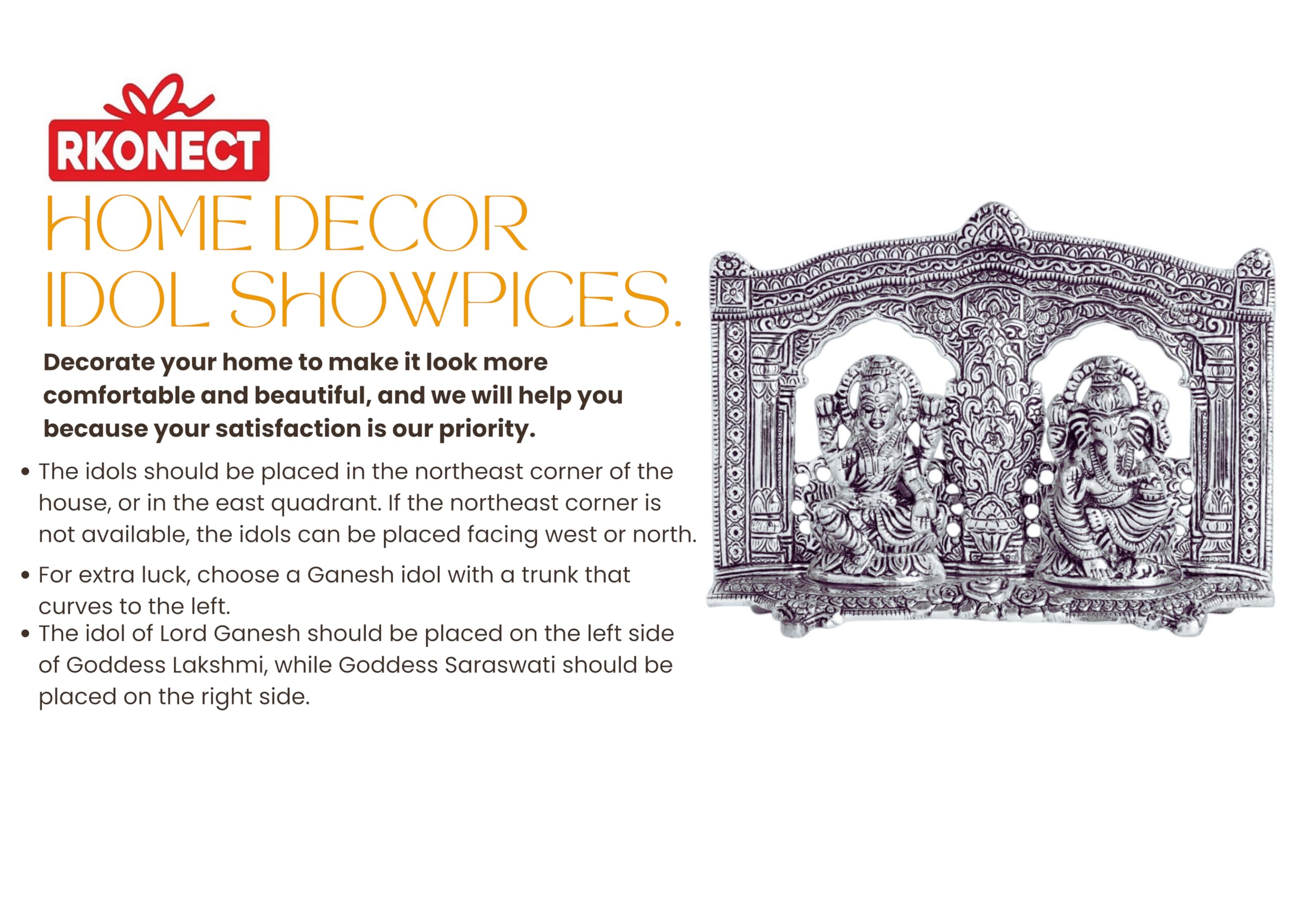 Rkonect Silver Metal Laxmi Ganesh Idol Murti With Oxidized Finish | Lakshmi Ganesha Murti With Beautiful Velvet Box And 6 Piece