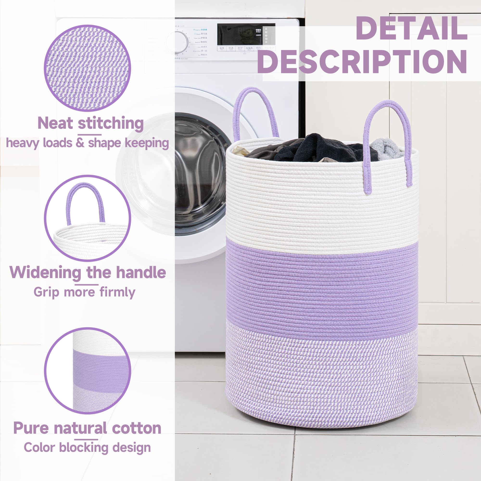 Clhmily&Z 80L Laundry Basket Round Storage Rope Basket - 16.5X22.5 Inches - Lavender Hamper In Bedreoom And Cute Storage Bin For