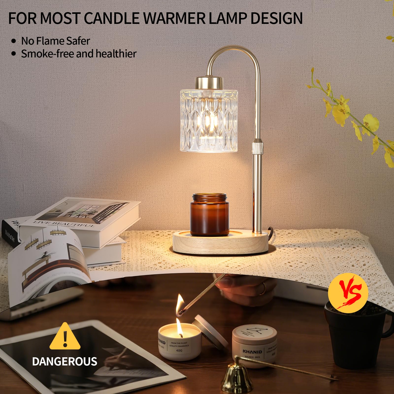 MEIXISUE Gold Candle Warmer Lamp with Dimmer & Timer, 5.9"x5.9"x13", Iron, Model T6011-1AB, Perfect for Scented