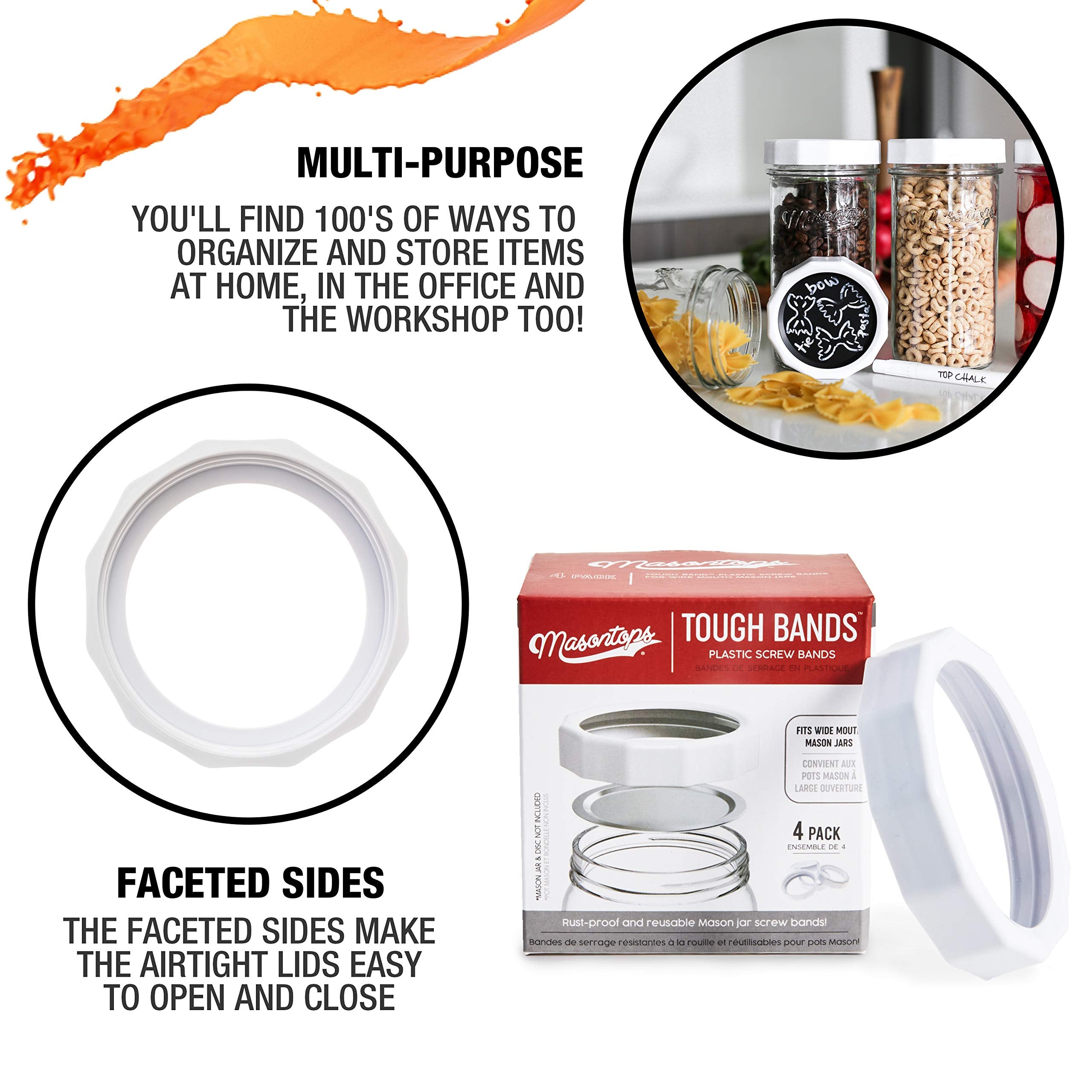 Masontops Tough Band - Wide Mouth Mason Jar Screw Bands - Quality Plastic Replacement Ring Seals & Jar Covers
