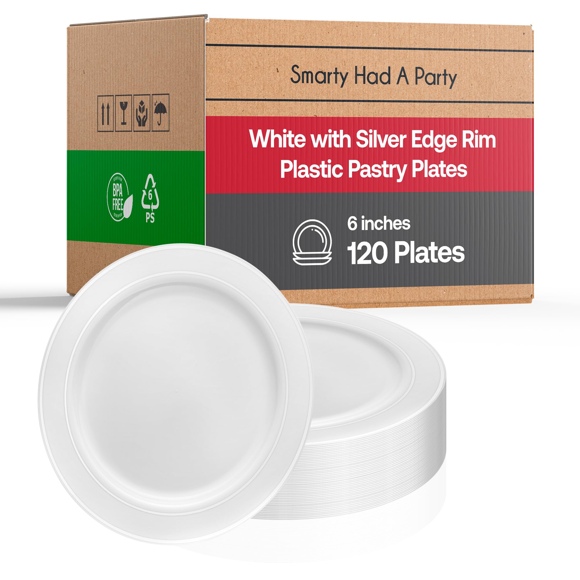 Elegant Disposable Plastic Dessert Plates 120 Pcs - 6'' Heavy Duty Fancy White Silver-Rimmed Appetizer Plates - Party Salad Cake