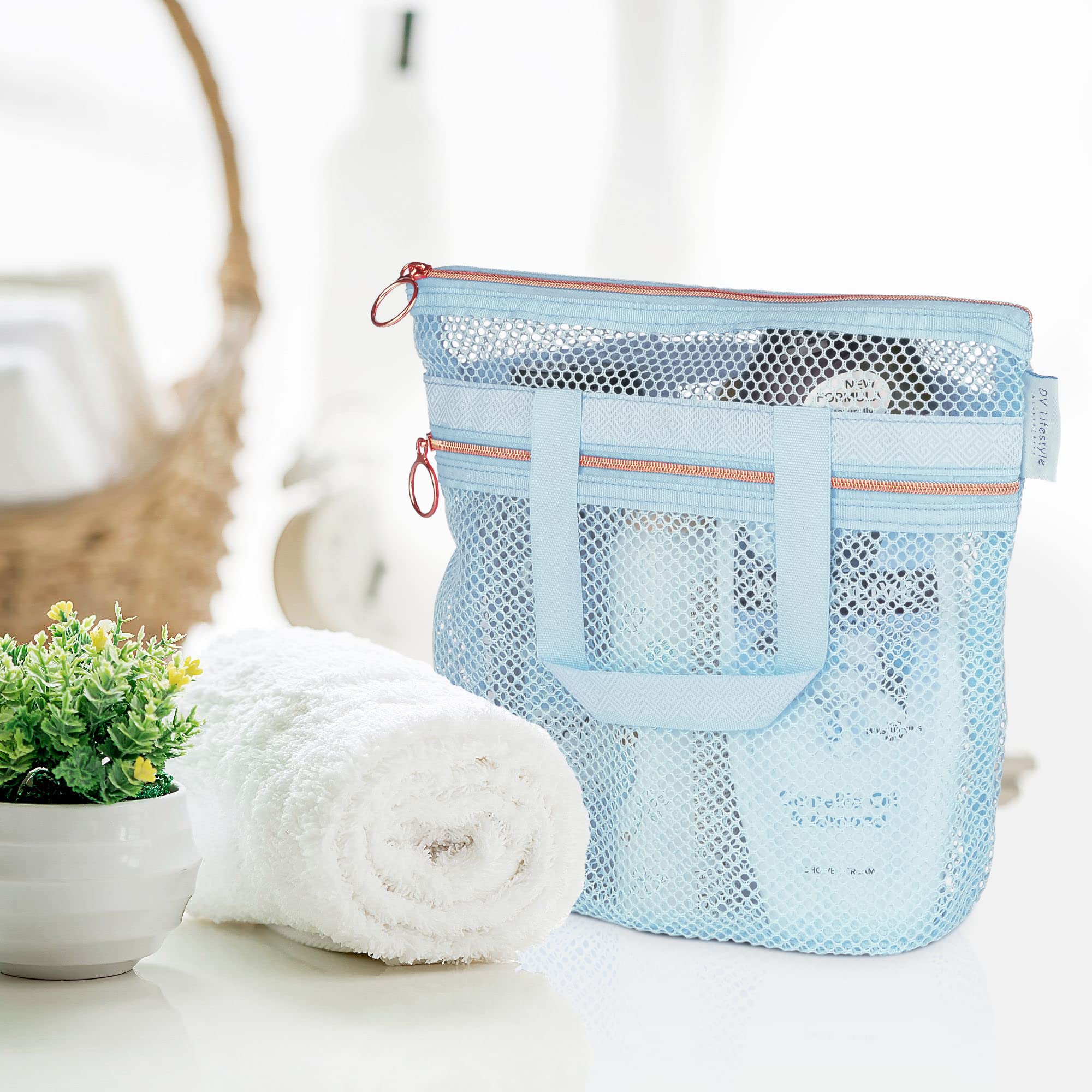DV Lifestyle Mesh Shower Caddy Portable 10.2x9.9 ' ' Shower Bag with Zipper & 2 Pockets. Shower Tote Ideal for Gym  Travel  Camp  Beach  for Sunscreen  Dorm & College Essentials (Blue)