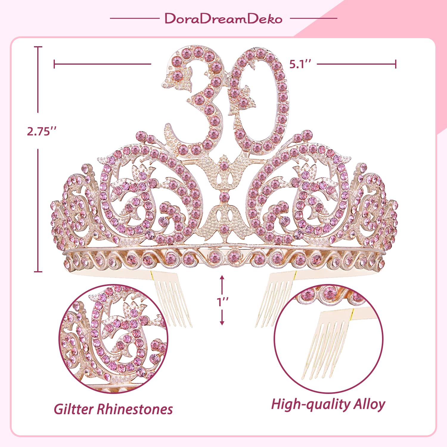 Doradreamdeko Pink 30Th Birthday Tiara And Sash For Women - Fabulous Glitter Sash + Forest Rhinestone Premium Metal Tiara - 30Th