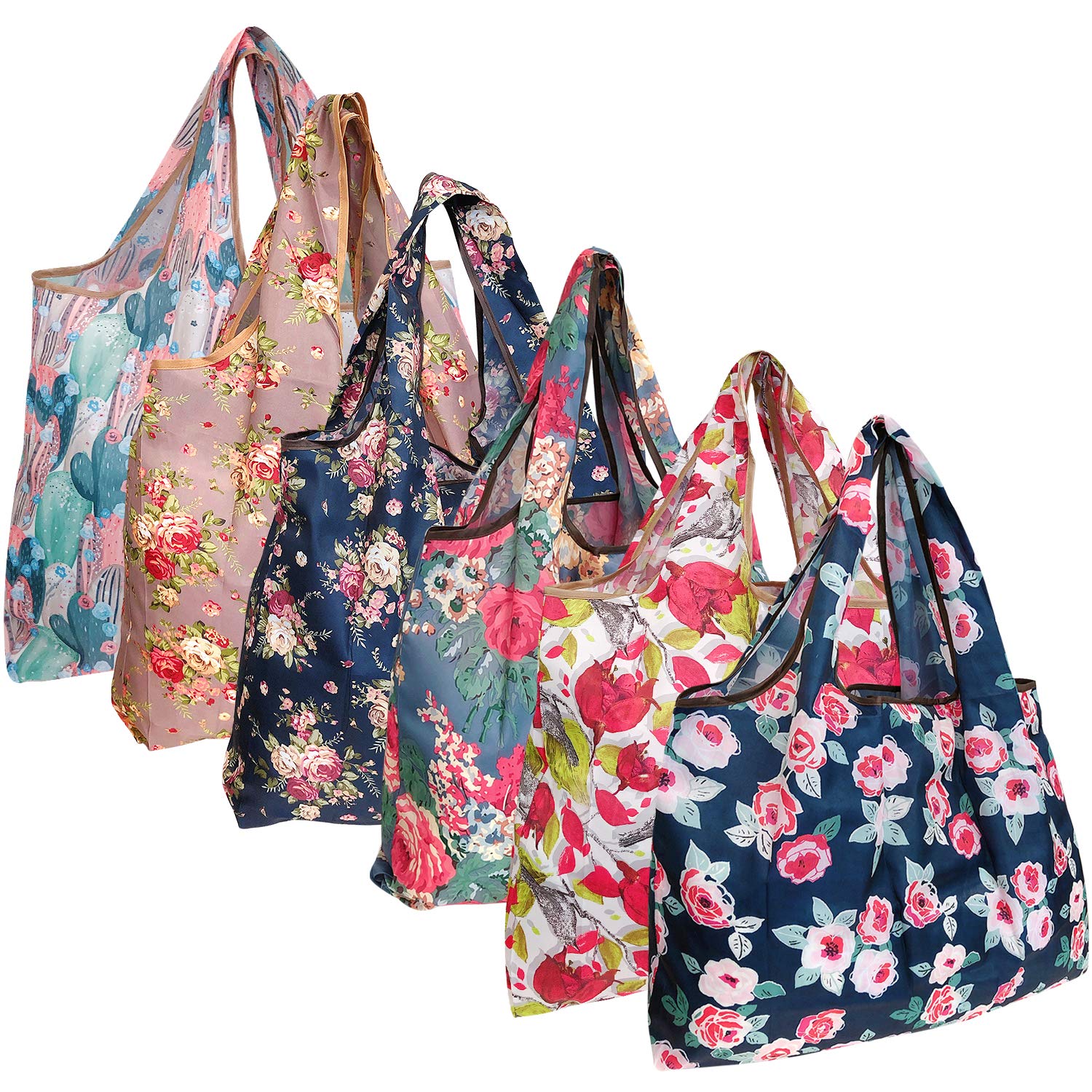 Allydrew Large Foldable Tote Nylon Reusable Grocery Bags, 6 Pack, Cacti, Roses & Flowers